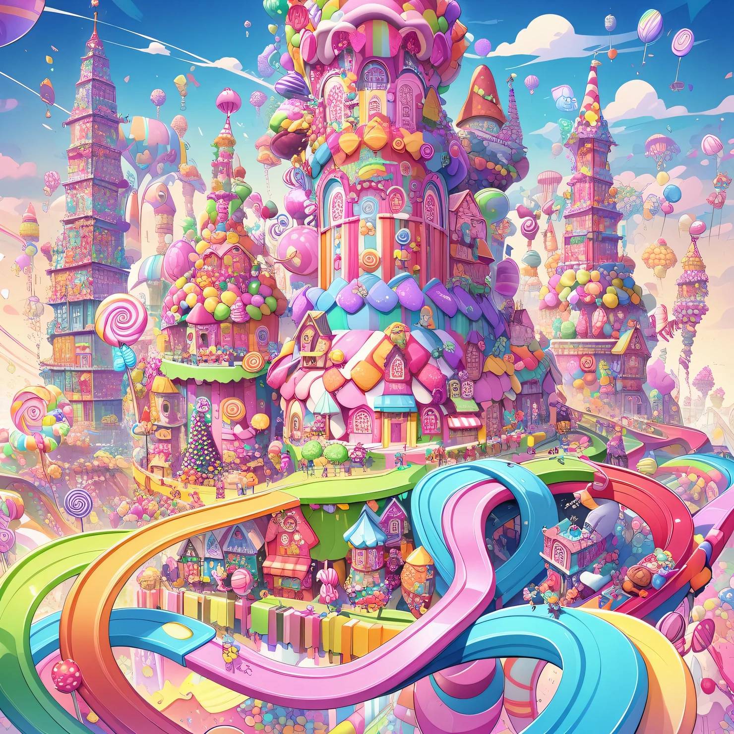 Dark fantasy, Very strange and gloomy Candyland with candy houses, candy intricate Gothic towers and candy trees, candy monsters, technically complex candy country, candy palette, Dark Fantasy, Candy magic, Candycore