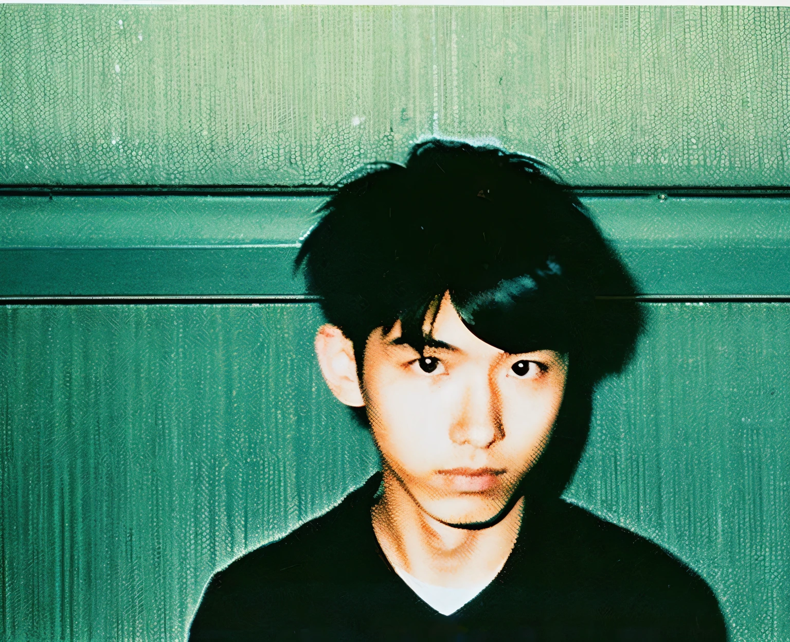 color unsharp masking quality. (A young Japanese man as extreme small as frequency). thick outline. blurry photo. color slide film. 1958.