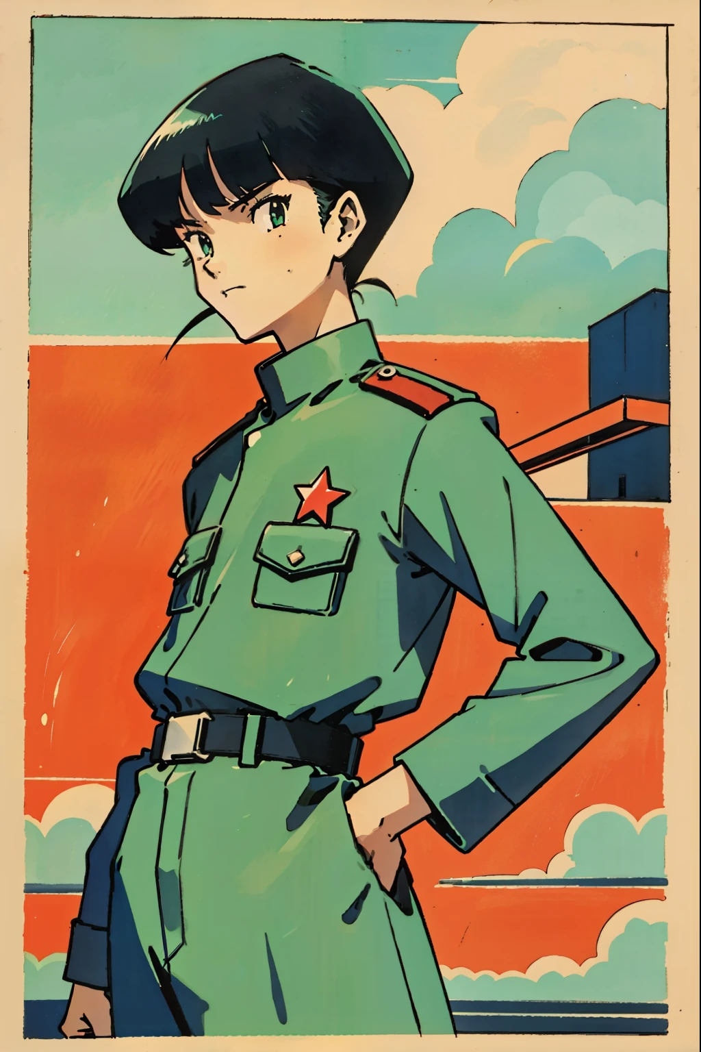 by Ken Sugimori, sugimori 1990s, ((only 1man)), soldier, green military uniform, scowling ((no background)), ((hands behind their back)), full black pupils, manga, best quality, highly detailed, clean lines, cowboy shot, good hands, good eyes, hd, 8k, professional, symmetrical, hires, 8k,