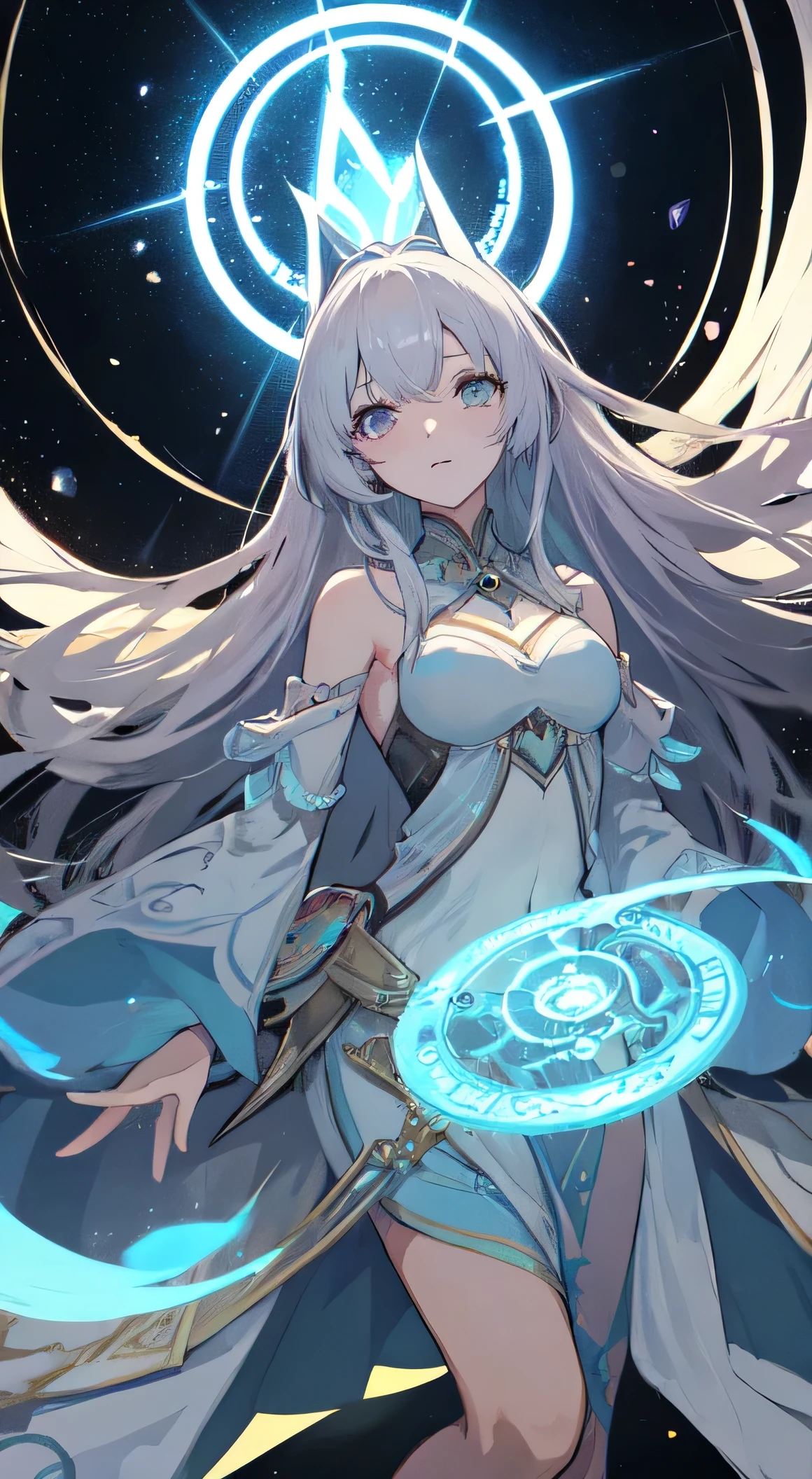 32 year old female ,Light blue-gray jewel color long hair, Silver eyes, Thin, Big , goddess, Silver magic outfit, magic circle, Make it like tarot anime style but without the frame, Clear eyes ,cyan energy, Cyan particles, stars, moon