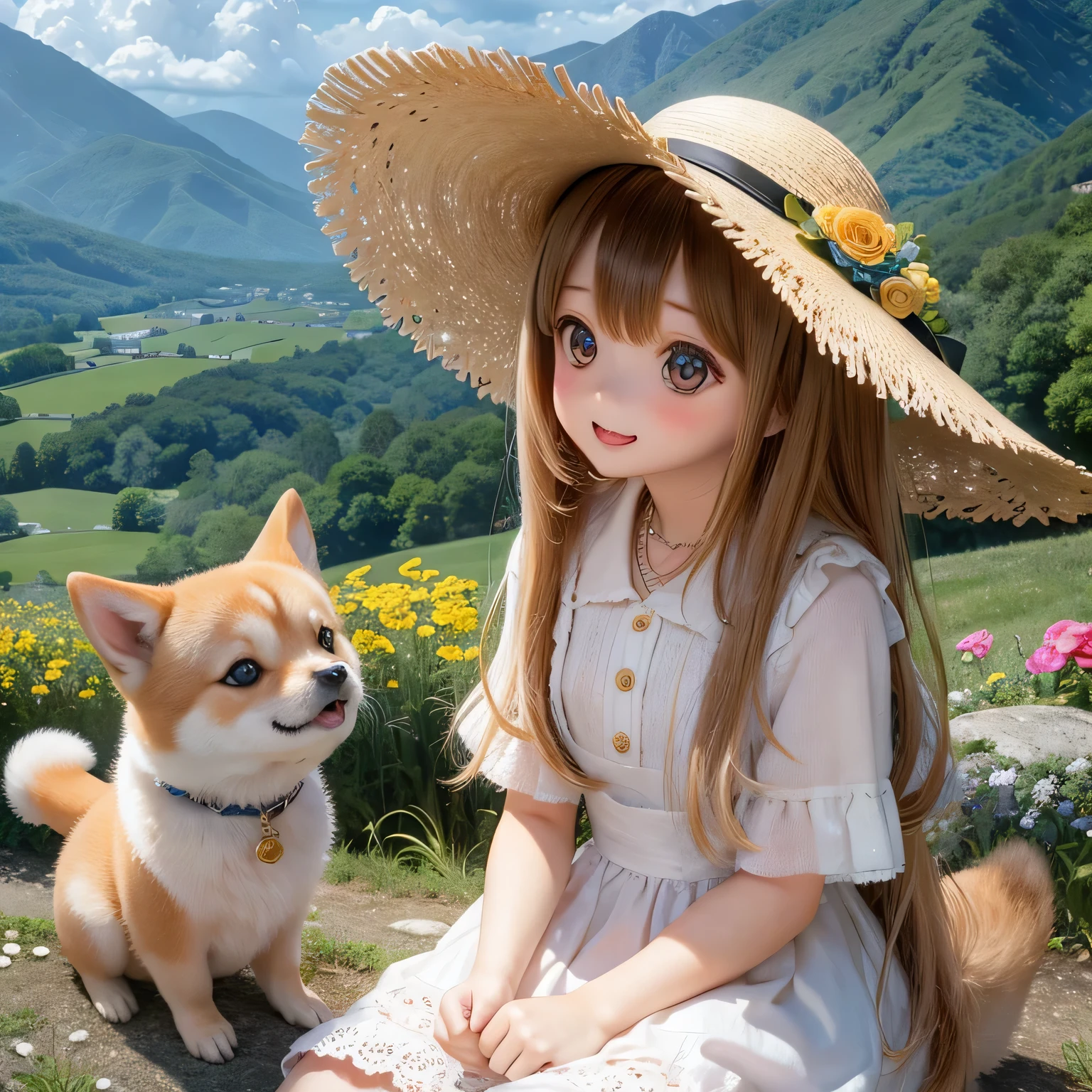 beautiful detailed eyes, long eyelashes, cute button nose, rosy lips, a girl playing with a Shiba Inu dog in a picturesque countryside scenery, warm sunlight casting golden hues on the landscape, soft green grass and flowers in bloom, a winding path leading up the tall mountains, lush trees standing tall, a serene atmosphere, the girl wearing a flowy dress and a wide-brimmed straw hat, smiling and showing pure joy in her eyes, the Shiba Inu wagging its tail and looking up at her with excitement, creating a heartwarming bond, a sense of adventure and exploration in the air, the mountains showcasing their majestic beauty, their peaks touching the clouds, the sound of birds chirping and leaves rustling in the gentle breeze, capturing a perfect moment in time, (best quality, HDR, ultra-detailed, photorealistic)