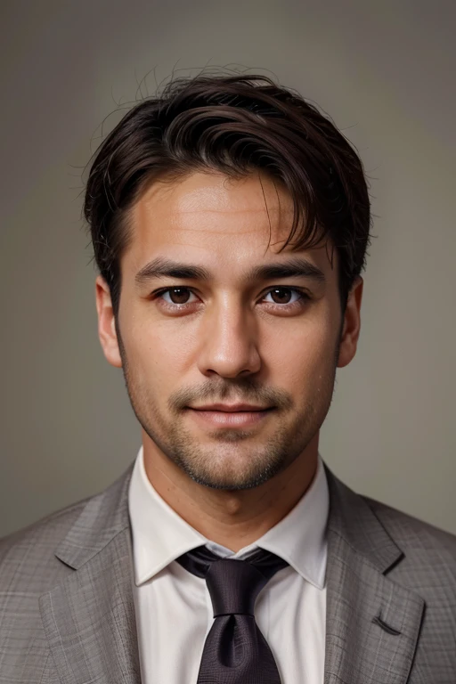 realistic portrait of middle-aged business professional, 110 pounds, professionally dressed in a suit and tie, high quality, Highest resolution, looking directly at camera, professional, Beautiful and delicate eyes with a hint of brown, Beautiful and delicate lips, short beard, gray short hair, Goodwill expression, warm smile, Noble appearance, proper lighting, solid color background