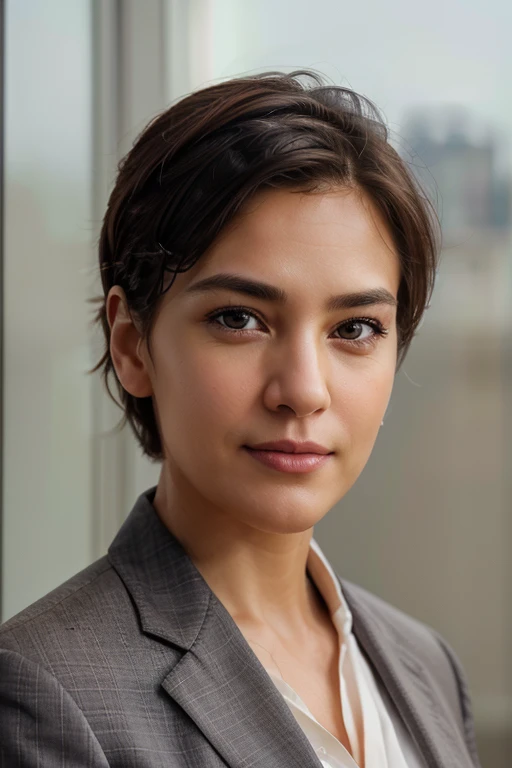 realistic portrait of middle-aged business professional, 110 pounds, professionally dressed in a suit and tie, high quality, Highest resolution, looking directly at camera, professional, Beautiful and delicate eyes with a hint of brown, Beautiful and delicate lips, short beard, gray short hair, Goodwill expression, warm smile, Noble appearance, proper lighting, solid color background