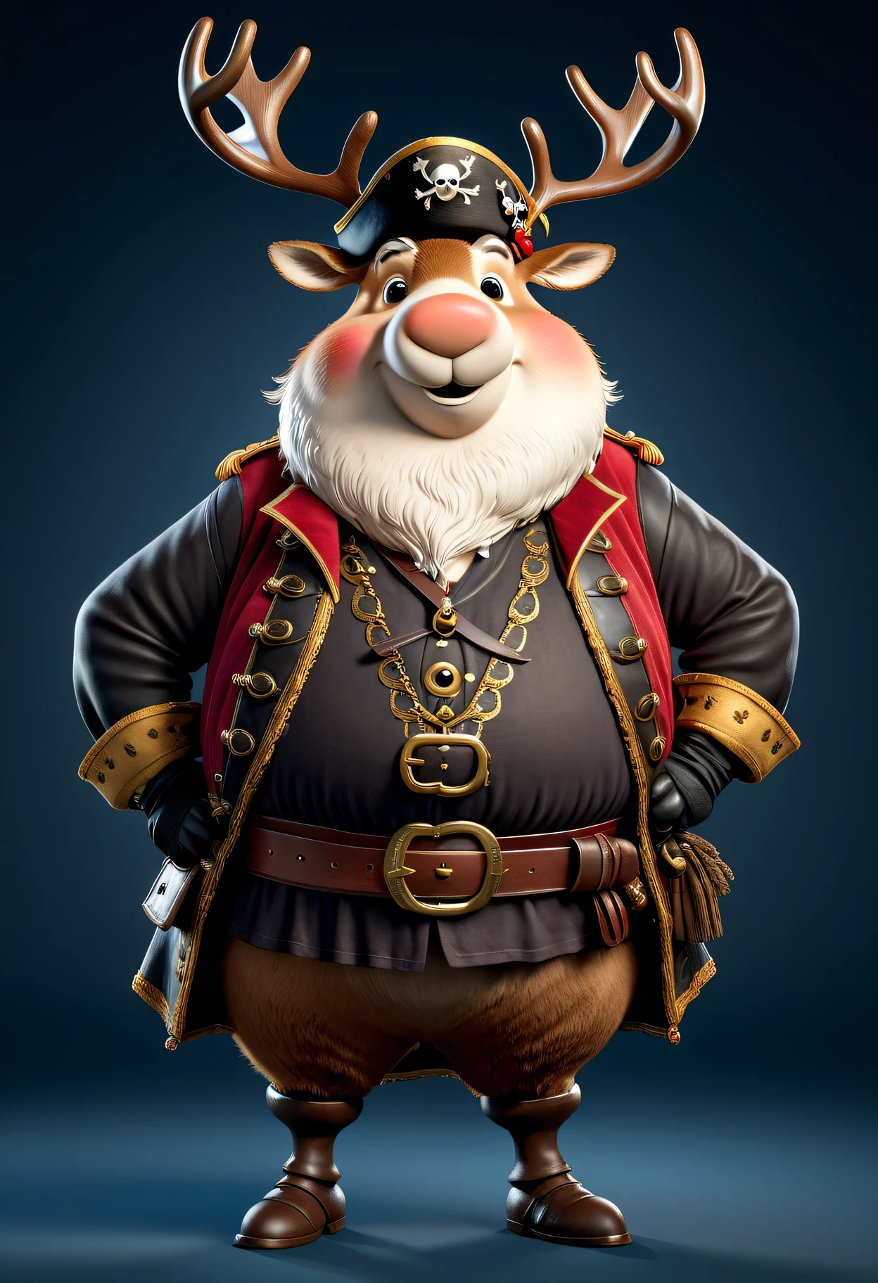 photorealistic portrait of Dressed animals - a ((fat)) reindeer pirate,(hands on hips:1.2),(), high quality,(lovely) ,intricate details, highly detailed (( pirate costume)), wearing pirate cap , highly detailed pirate equipment , (happy), studio lighting,(),(simple background)