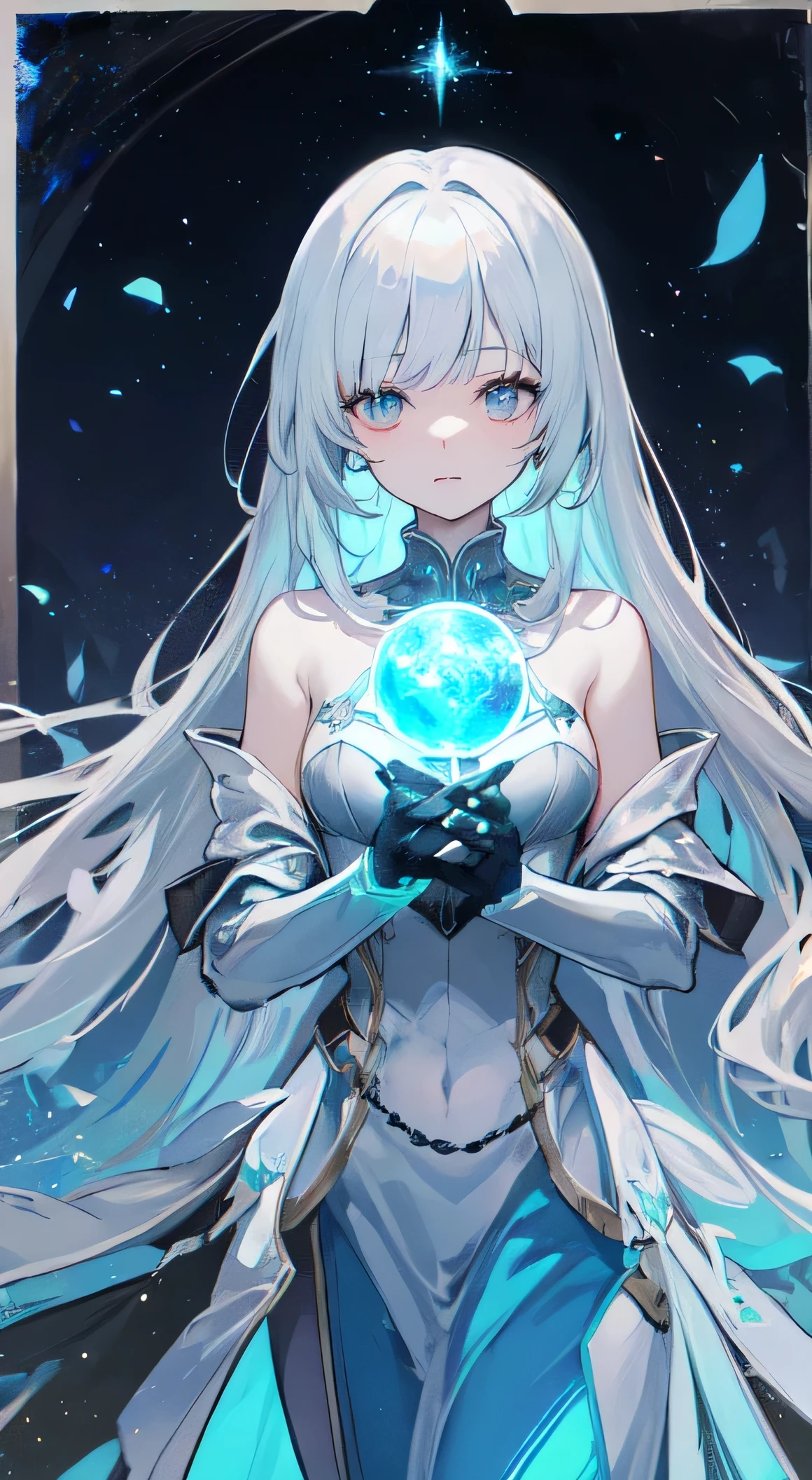32 year old female ,Light blue-gray jewel color long hair, Silver eyes, Thin, Big , goddess, Silver magic outfit, magic circle, Make it like tarot anime style but without the frame, Clear eyes ,cyan energy, Cyan particles, stars, moon