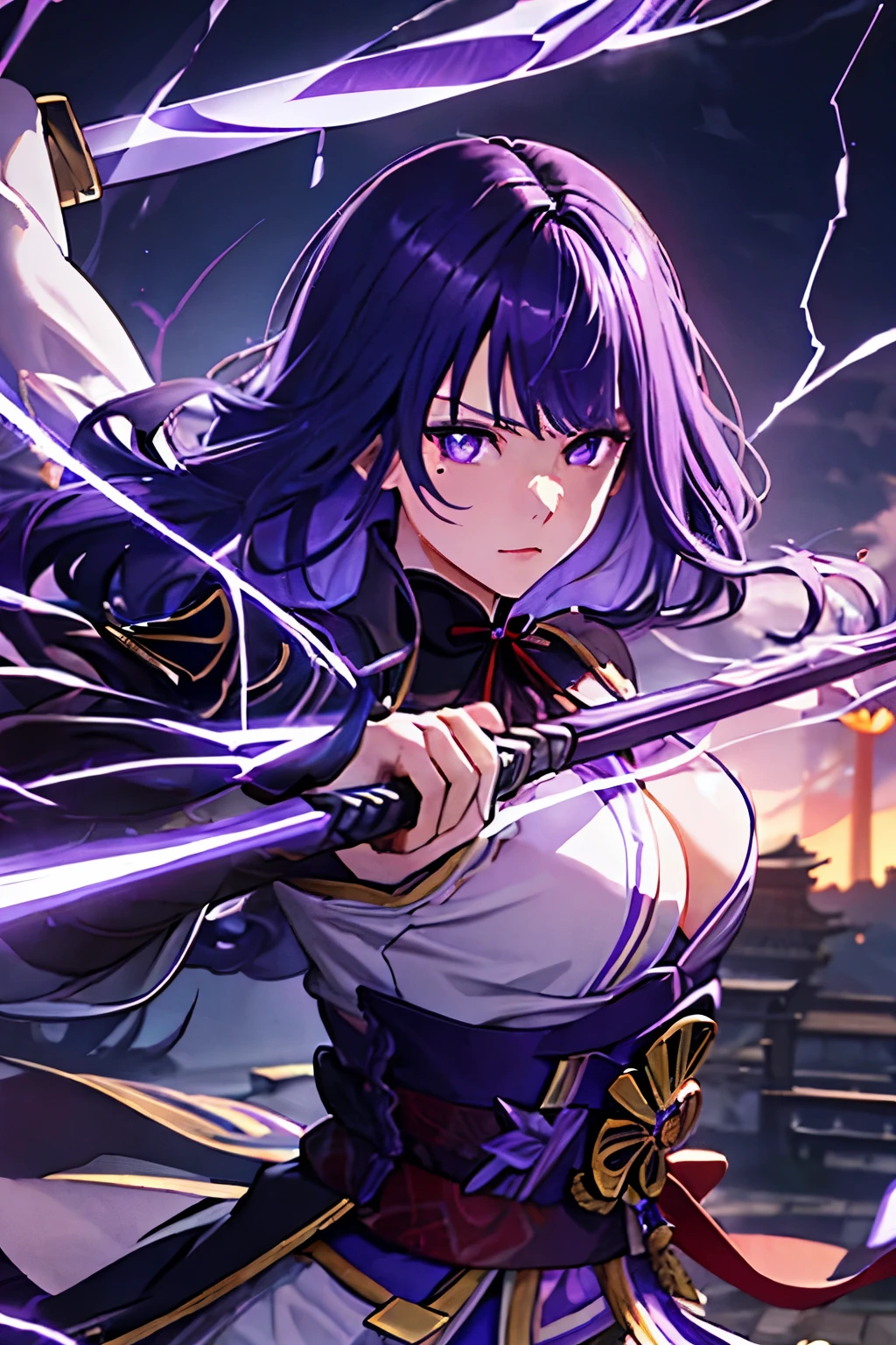 Genshin、General Raiden、long hair(purple)、beautiful eyes(purple)、Full Breast、Japanese sword、japanese castle、lightning、cool pose、High definition、high resolution