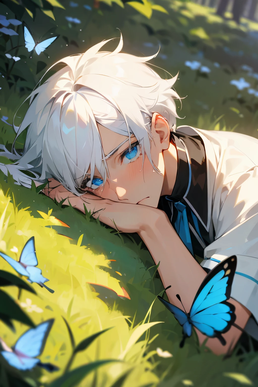 Excellent, masterpiece, white hair, blue eyes, hair, fair skin, man face with sharp angles in the garden park male bust shot lying on his side on the park grass with tears on his face a blue butterfly on his nose his hand gripping into the grass clear despair in his eyes