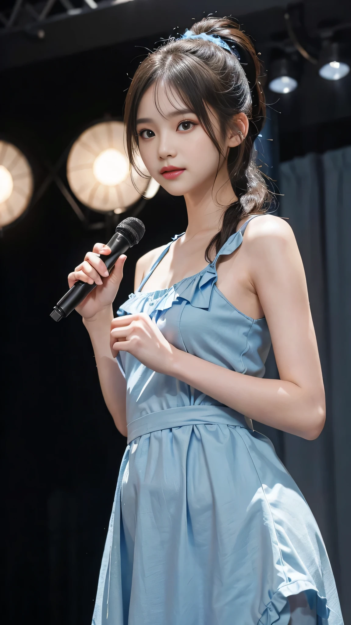 close up face,standing on stage,Blue colored long dress with lots of ruffles,One woman,masutepiece, The highest image quality, High quality, the background is clear,Beautiful woman, Japanese, Detailed, Detailed eyes, Detailed skin, Beautiful skin, 超hight resolution, (reality: 1.4),Very beautiful woman, Slightly younger face, Beautiful skin, slender, (Ultra photo realsisim), (hight resolution), (8K), (Very detailed) (beautifully detailed eyes), (super detailed), (Detailed face), view the viewer, Fine details, Detailed face, Staring straight ahead, Staring straight ahead, photos realistic, Bright lighting, Professional Lighting, Black hair,poneyTail,a ,fifteen ye is ponytail,long ponytail hairstyle,slight smile,neat and tidy clothing,Beautiful Japanese KPOP idol photo, hair style is ponytail, my eyes are double and wide, baby face, smile and look ahead, slender, small breasts,Blue ribbon on head,