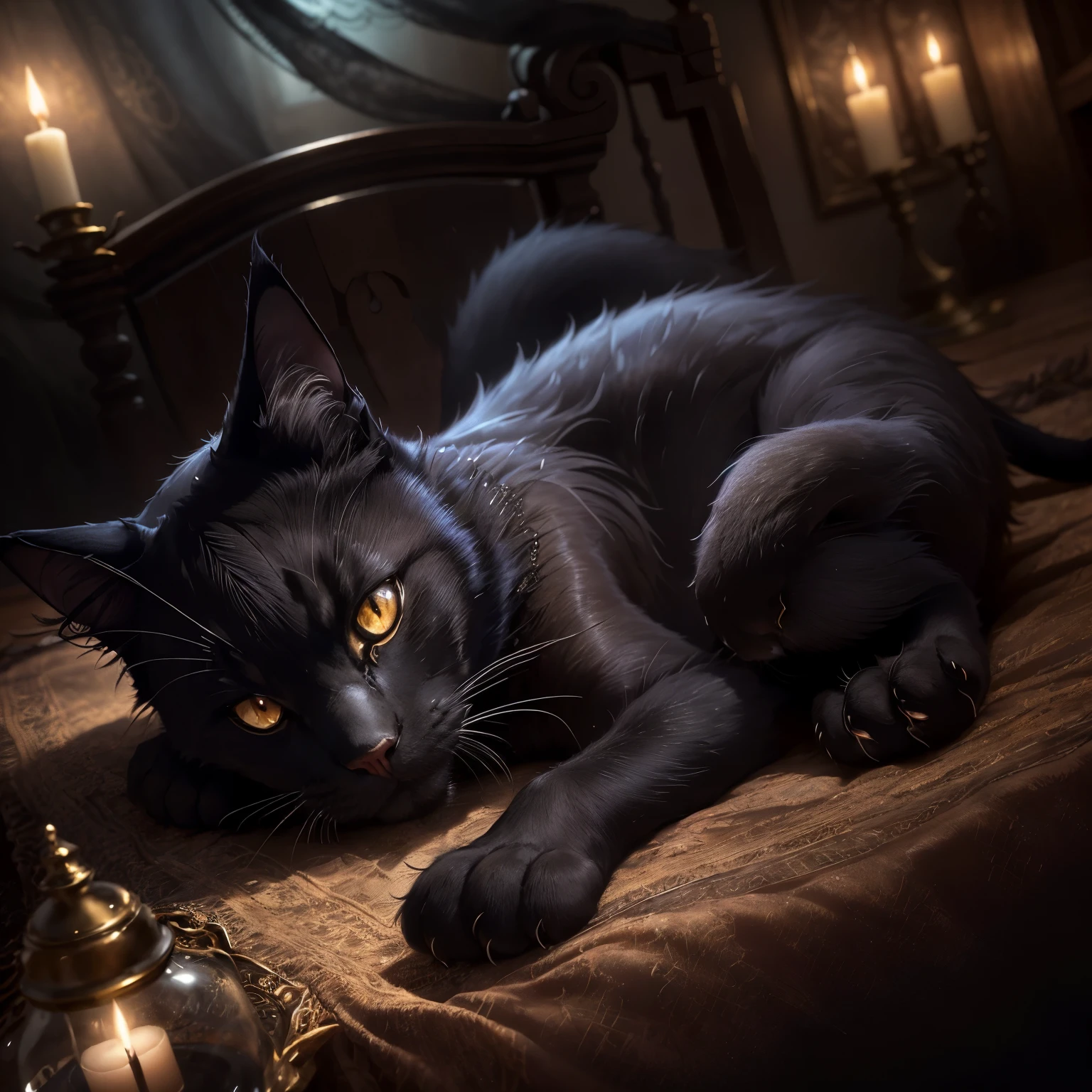 In the enchanting photograph, a mystical black cat is portrayed with an alluring aura. Its piercing eyes gleam in the dimly lit surroundings, while its fur shines in the soft, ethereal light. The cat seems to exude an air of calm and patience, inviting you to take your time and delve deeper into its mysterious world.