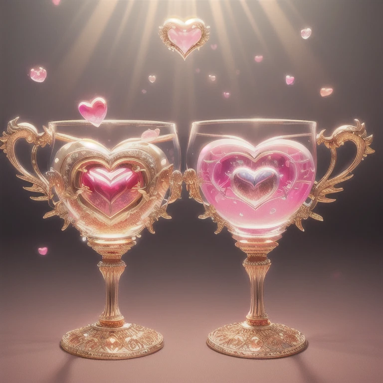 (masterpiece, highest quality, realistic, be familiar with, sharp:1.2), intricate details, (Close-up of two glass chalices at Cupid Tech), Pink liquid, Gilded ivory gold die engraving, Beautiful gemstones, symmetrical, floating heart, shine, metal reflection, Gleam, Pink Mist, Low - Angle, shine, I love the atmosphere, Medieval, sunbeam,