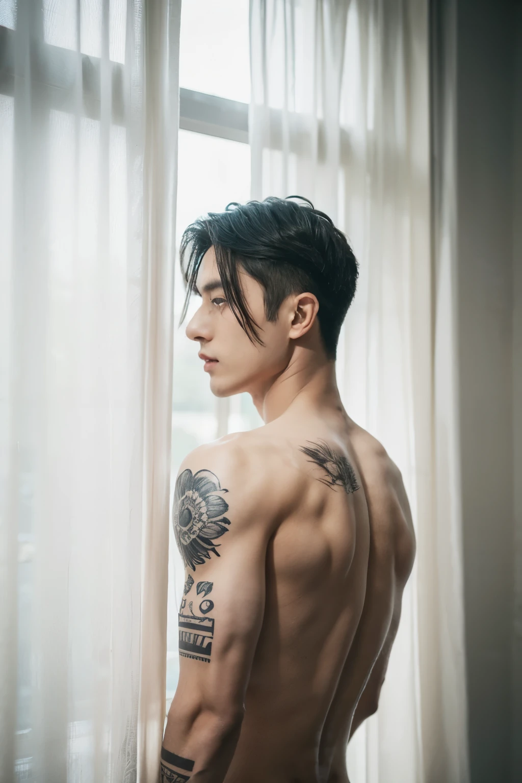 1male people,((Thin))，((being thin))，Muscular, Palatial palace，cage,strappy,White rope,White cloth curtains,(Detail light),Tattooed with，Transparent tulle，Gray-black skin，Dark gray-black skin，Full nudity on the back，Lateral face，Falling white petals