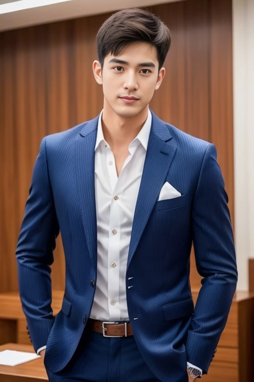 light striped suit、　30-year-old fresh and handsome new employee、　（Super handsome S-class suit guy）、　Japanese 30-year-old man、　merchant、　Ultra-luxury set、　office、　Stand up in a suitＳYoung handsome man、　Full body image、　（CG Unity 8K high-detail photos）、　（a very detailedＳThe handsome guy in the class）、　（Photos are real）、　　（（top quality））、　Super detailed、　（​Masterpiece）、　Ultra high quality、　High、　audience、　gentleman、　very beautiful hair、　short hair、　bright photos、　As handsome as a model、　As handsome as an idol、　Luxury watches、　cool zone、　Japanese