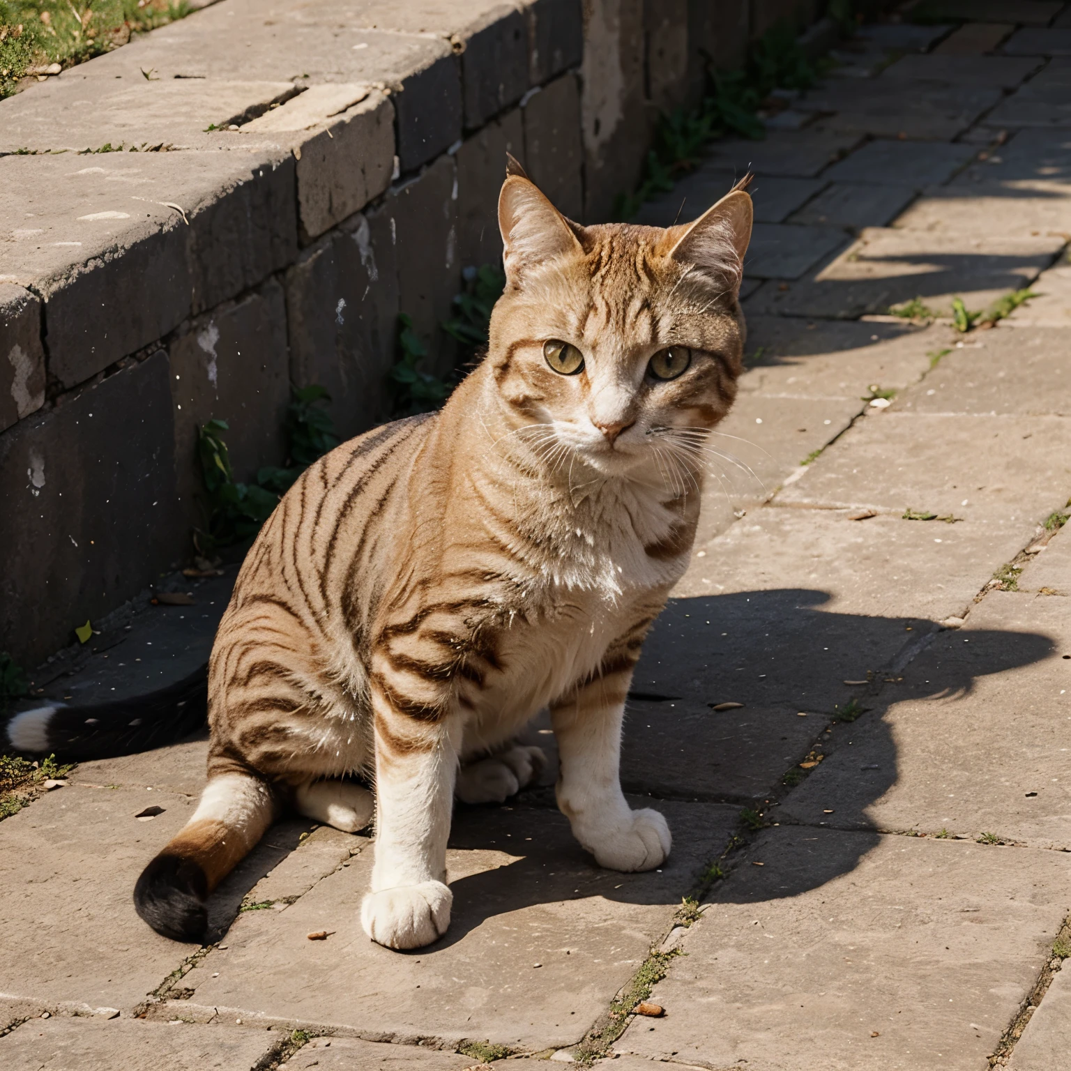 Gato tipo frajola em cima do muro de tijolo
