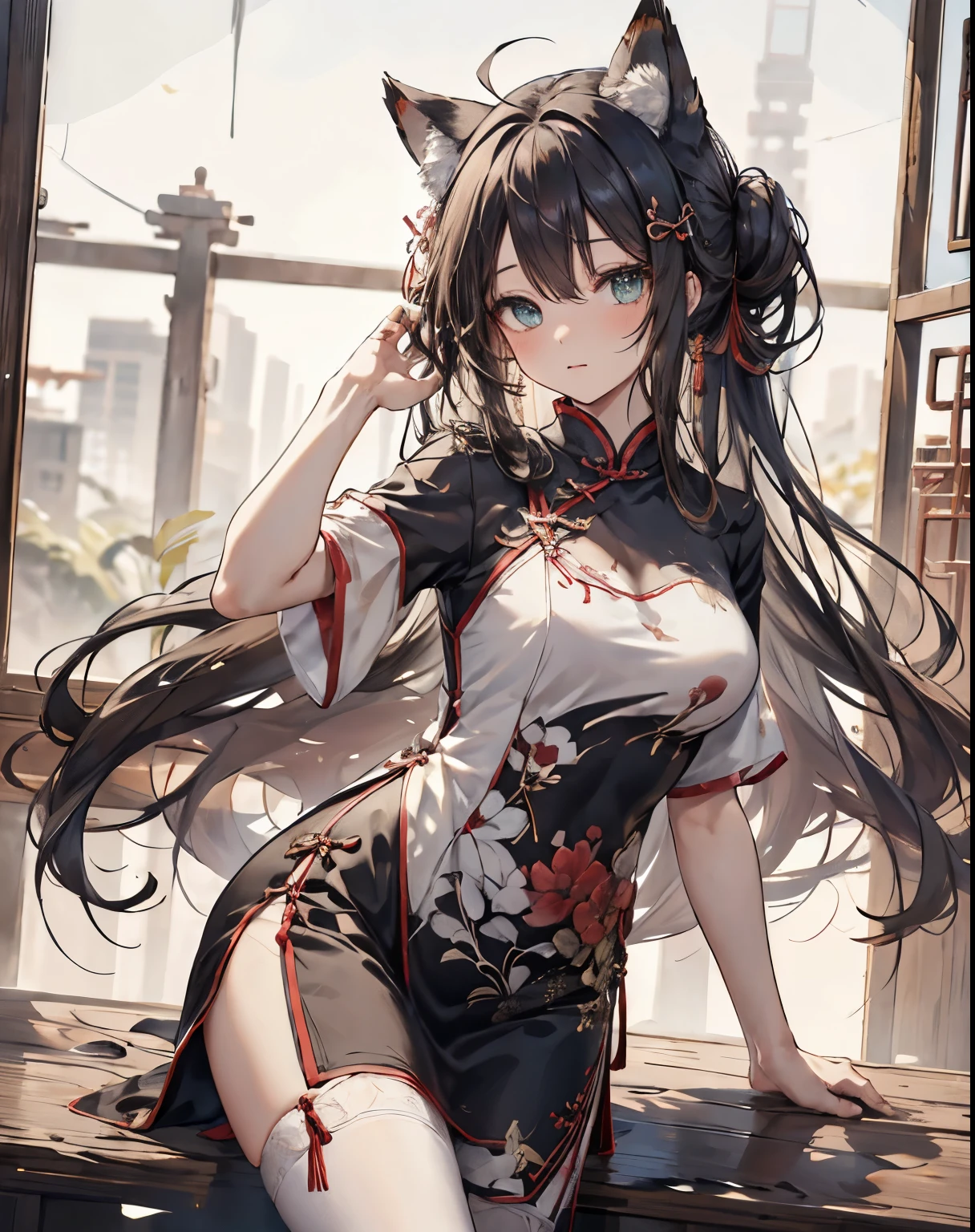 masterpiece, 1girl, sparrow, a black haired girl, wearing a chinese clothes, curly long hair, messy hair, slim body, he close her left eye, shirt ornament, aqua eyes, ahoge, baby face, medium breast, beautiful breasts, rounded breasts, short sleeves, beautiful eyes, white stocking, droopy eyes, her age is 19 years old, tight qipao, white qipao, chinese clothes, fox ear