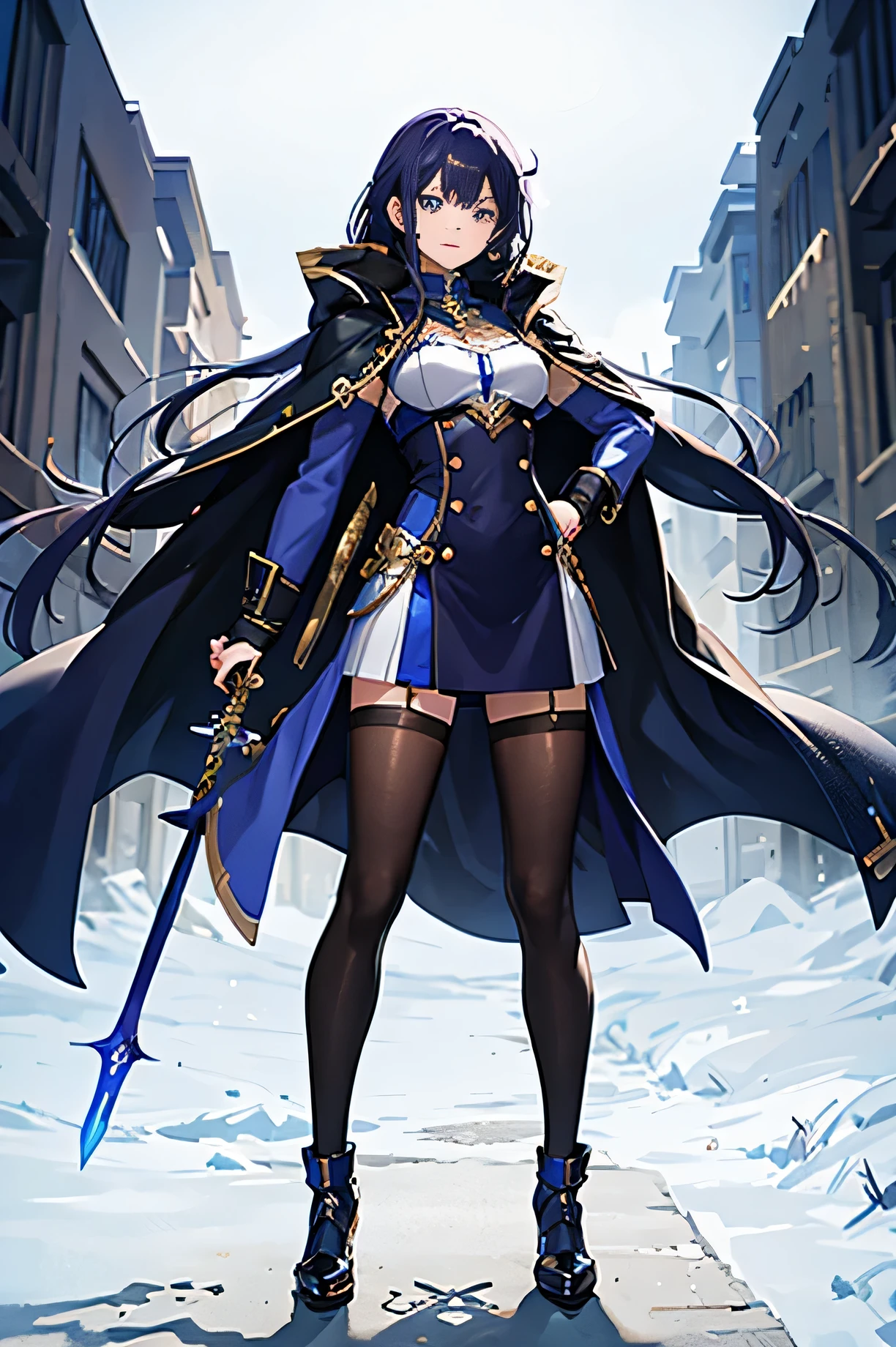 (best quality,4k,highres),blue and purple hair,large chest,coat and cloak,mechanical clothing,holding a mechanical sword,cheerful girl,happy,show more details,full body shot including hands and feet,sword,mechanical style,expose the upper half of the chest,coat with cloak,exposing the mechanical clothing inside