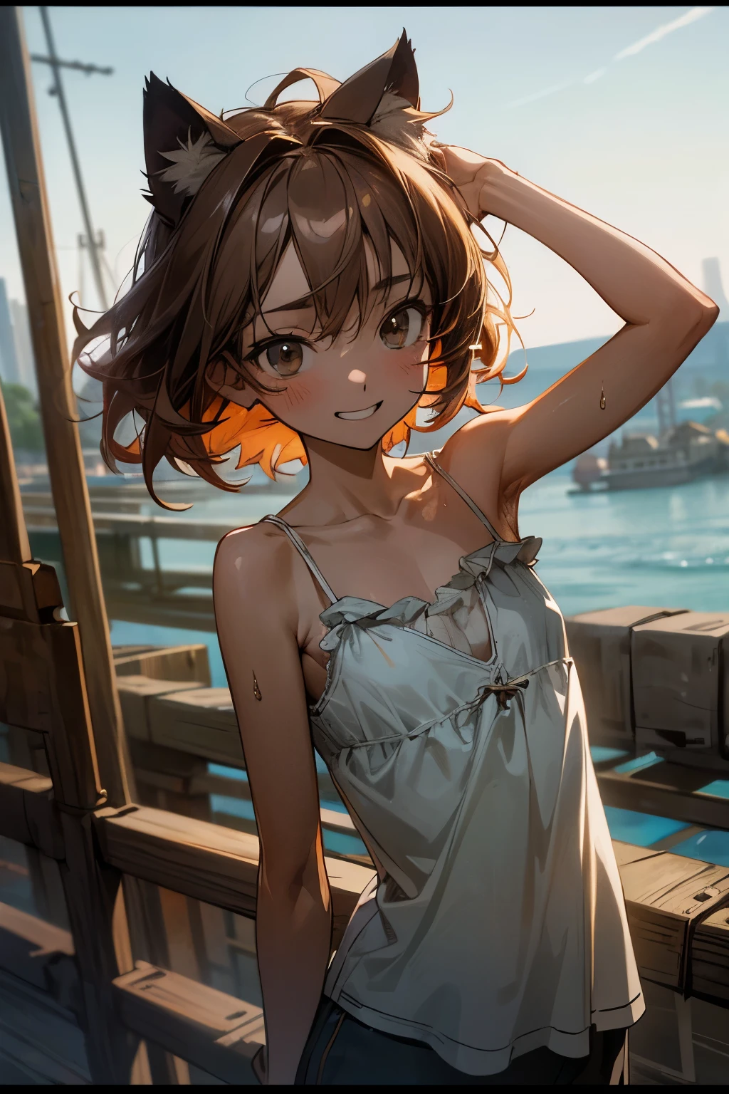 ((Masterpiece)), ((best quality)), (Anime:1.3), (RAW photo:1.2),(High Definition:1.3), (Professional Photography:1.2), ((12 years old)), Portrait shot, (morning), Very messy medium hair, (slightly exposed small chest), Beautiful collarbone, (Tattered camisole top), white camisole, Slender body, (arm up), Sweaty skin, (grin), Textured skin, Cat ears, Pale brown hair, Cute Beautiful Girl, BREAK, ((best quality)), (rusty and dirty iron bridge), (View of the sea and slums),