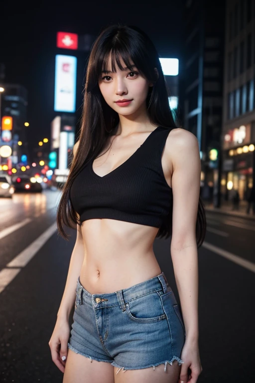 (highest quality, 8k, 32k), masterpiece,(ultra high resolution,realistic:1.4,RAW photo), (Super detailed,caustics),sexy pictures,1girl, big breasts, big breasts, Japanese, black hair, bangs, long hair (long hair: 1.4), Beautiful eyes in detail, long eyelashes, narrow eyes, elongated eye shape, Three white eyes, with an evil smile, wearing a blue top and shorts, A little of her underboob is visible through the top., Realistic anime 3d style, wearing sexy crop tops, gorgeous young woman, cityscape, professional lighting, photon mapping, downtown shibuya, surreal style, beautiful navel, tight clothing, NSFW,