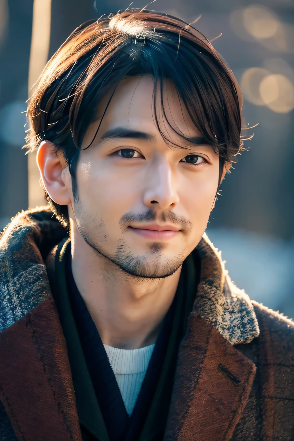 Photoreal, 8k Full Length Portrait, Handsome, A 29-year-old man, An attractive expression that mixes Atsuro Watanabe, Detailed details of the face, Tokyo city, winter, against the background of nature