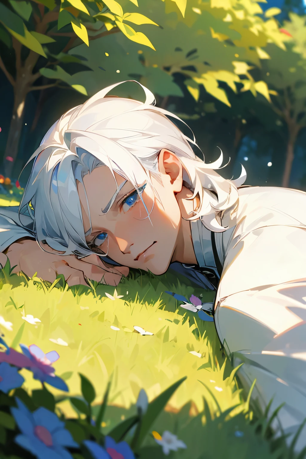 Excellent, masterpiece, white hair, blue eyes, hair, fair skin, man face with sharp angles in the garden park male bust shot lying on his side on the park grass with tears on his face
