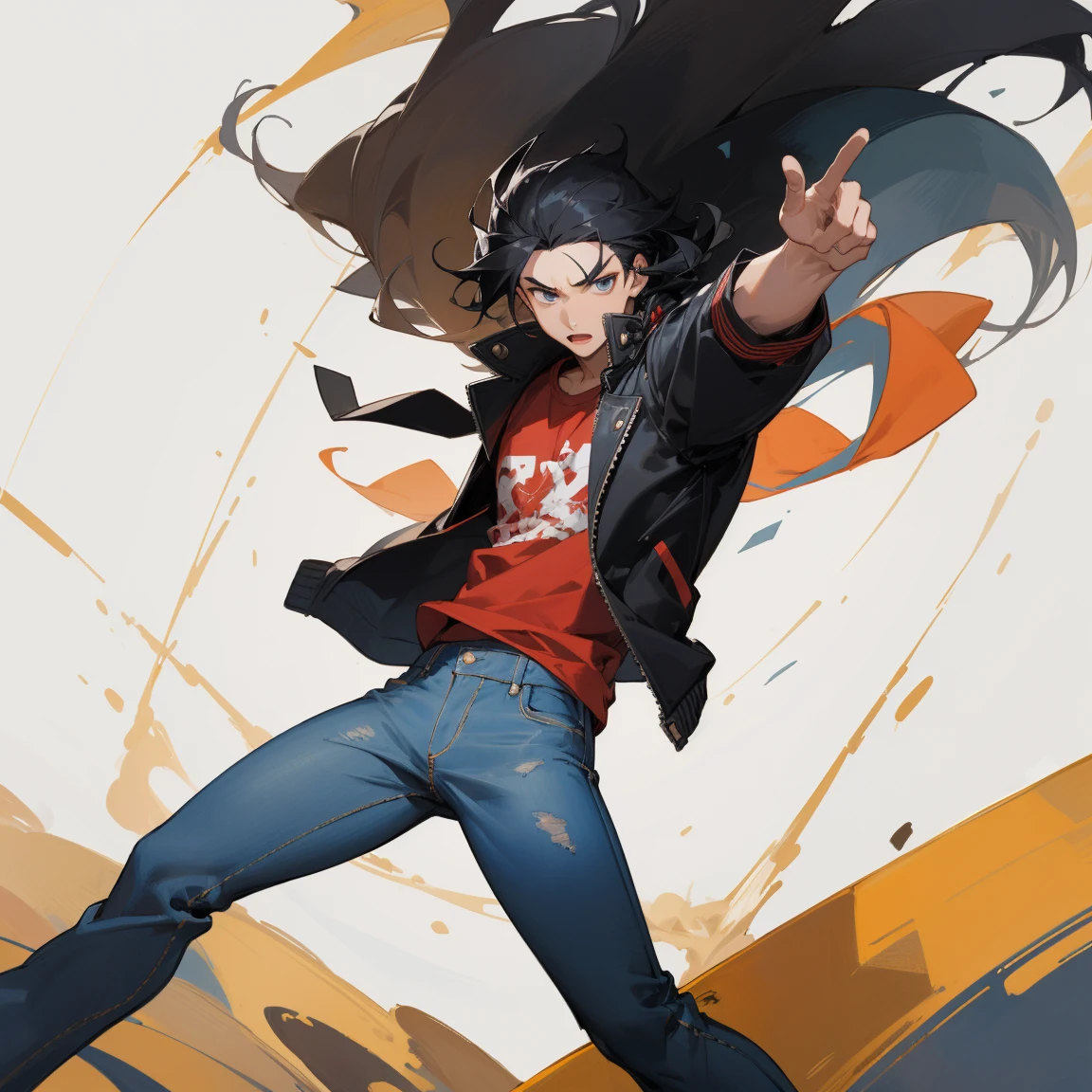 ((highest quality)), ((masterpiece)), (be familiar with), anime,youth,male,black hair,hair standing on end,Triumphant look,jeans,black jacket,red t-shirt,action