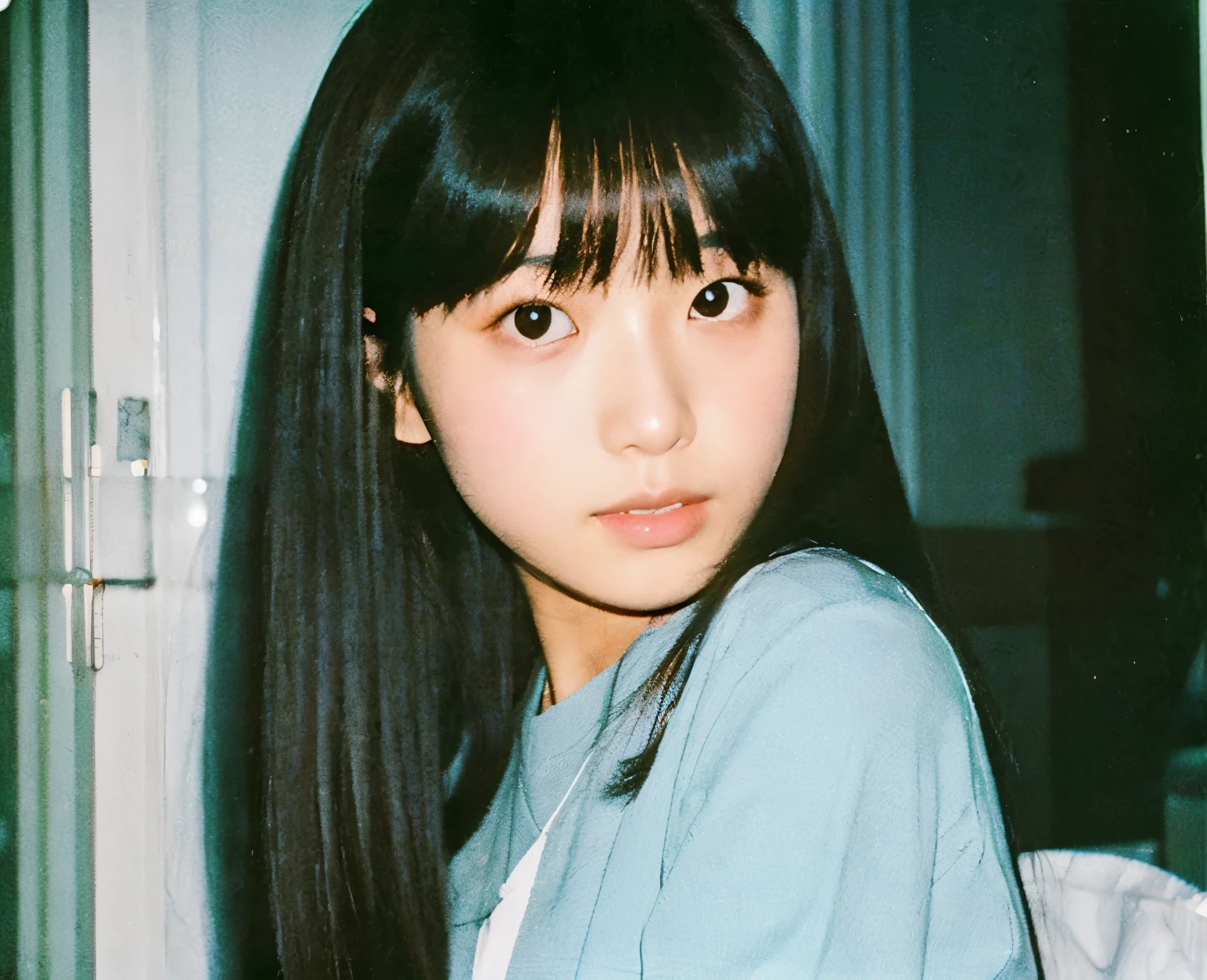 color unsharp masking quality. (A young Japanese woman as extreme small as high-frequency). thick outline. blurry photo. color slide film. 1958.