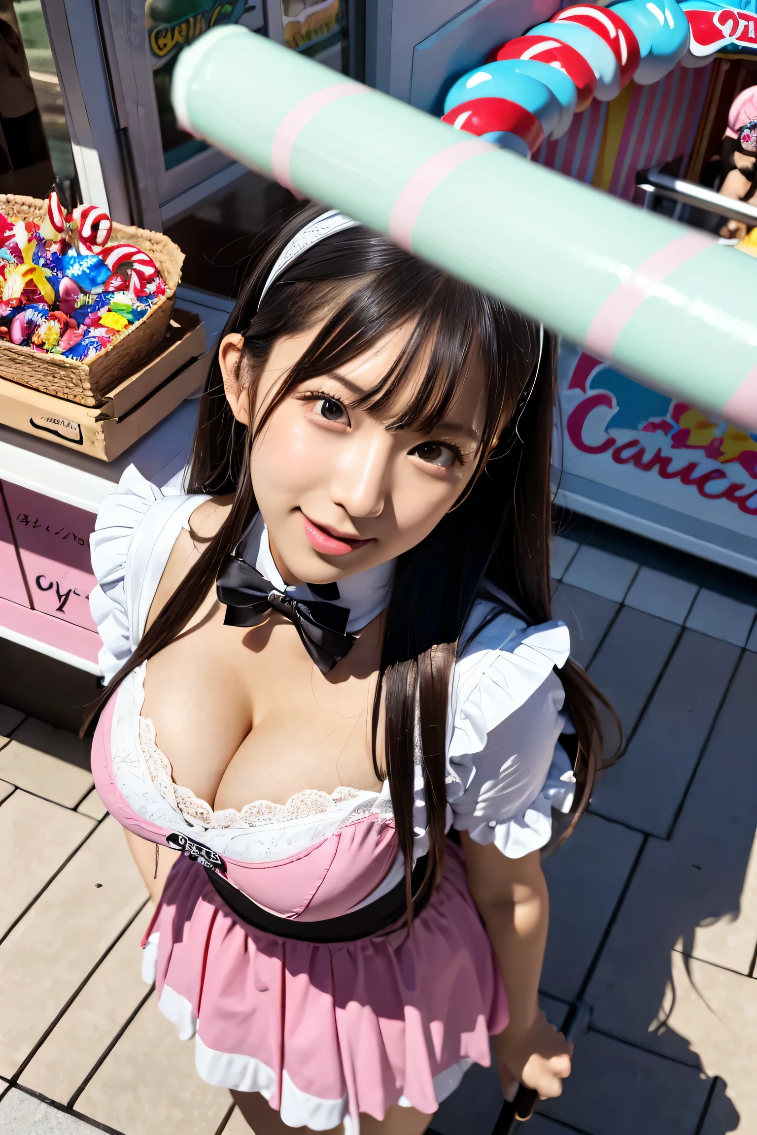 C4ndyL4ndAIシティ,A young woman holding a large candy in a candy-themed amusement park, avoiding sensitive expressions.. BREAK A young woman holding a large stick of candy in a candy-themed amusement park.BREAK ((upturned eyes)),((Angle from above:1.3)),from above、Looking at camera, BREAK (gyaru:1.1),(torpedo gigantic breasts, cleavage),(Glamour:1. 3),(maid ,Racing Model),