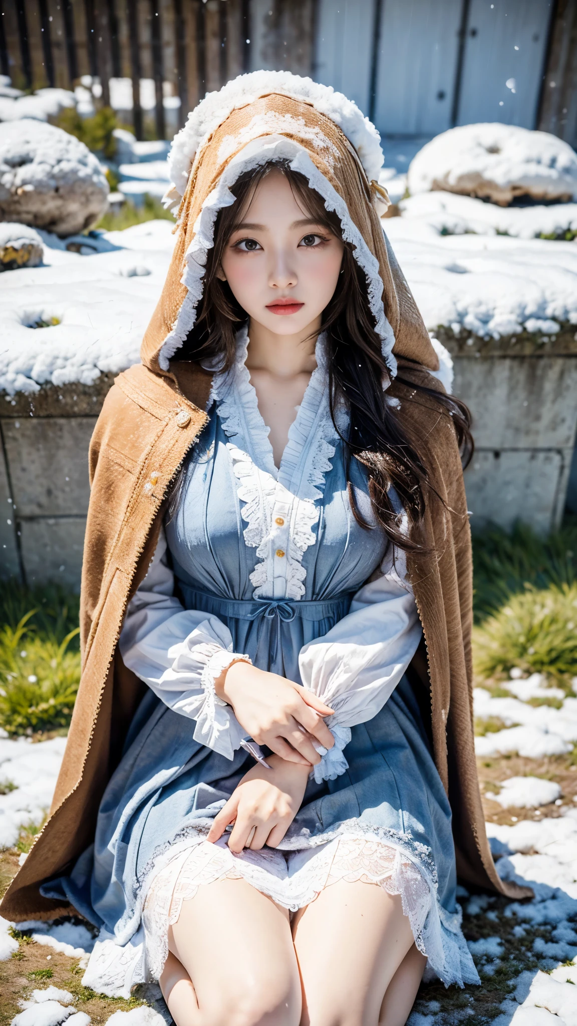 (8K, RAW photos, best qualtiy, tmasterpiece:1.2),(realisticlying, photograph realistic:1.4)
ta costume,Lace, Aerith Gainsborough, sat on the ground,(Cloak,do lado de fora,Cover with snow,snowfield) high high quality, highdetailskin, looking at viewert,