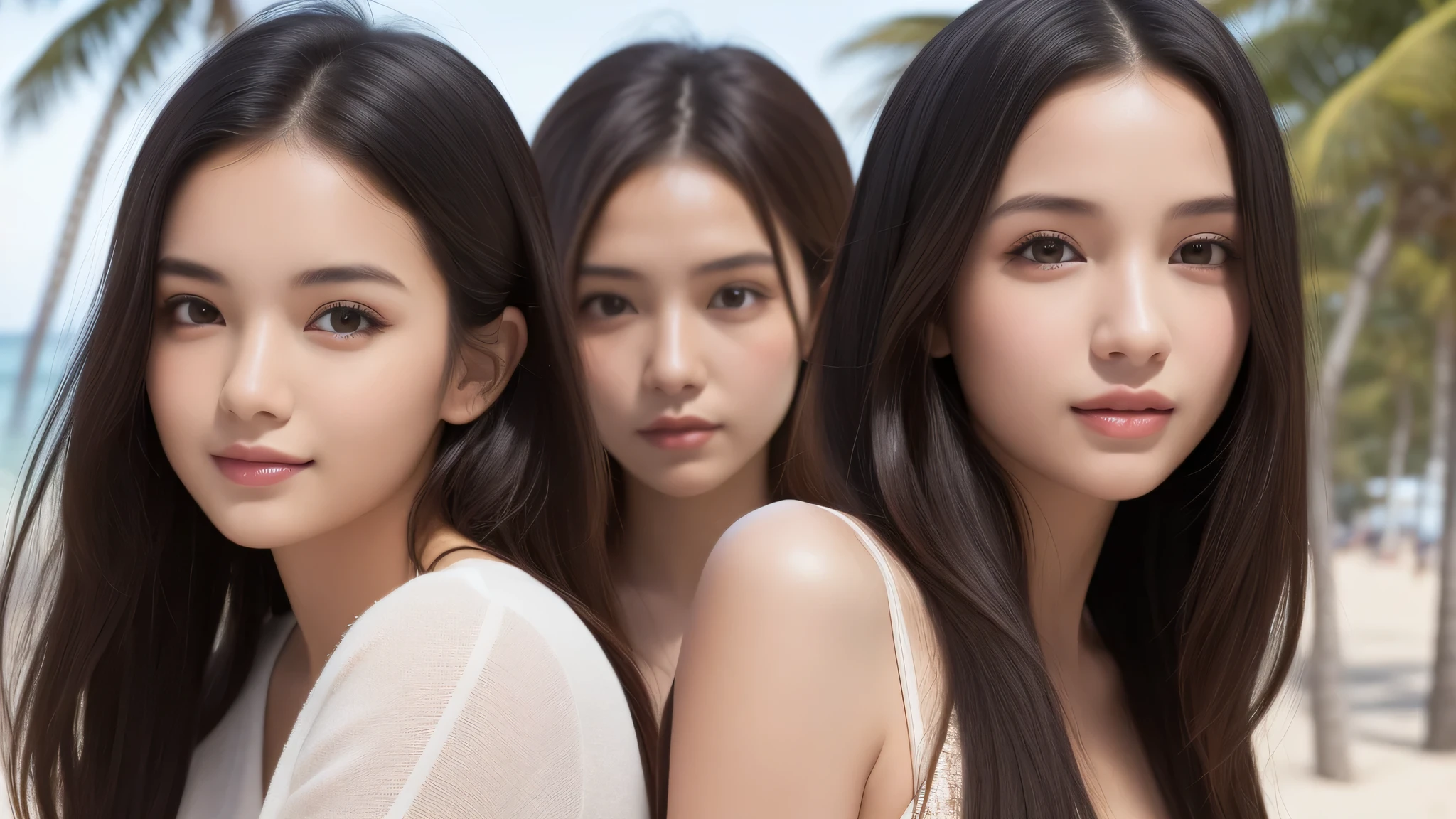(flat_chest, 3girl:1.4), brown eyes, (cute smile:1.2), (highly detailed eyes, highly detailed face), (Tube top:1.2), accessories, necklace, earrings, (hyper-realistic, hight resolution), (best Quality:1.4), model, Enchanting, beach, (Fine face:1.2),