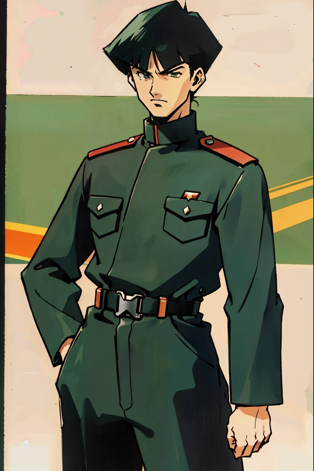 by Ken Sugimori, sugimori 1990s, ((only 1man)), male figure, soldier, green military uniform, scowling ((no background)), ((hands behind their back)), full black pupils, manga, best quality, highly detailed, clean lines, cowboy shot, good hands, good eyes, hd, 8k, professional, symmetrical, hires, 8k,