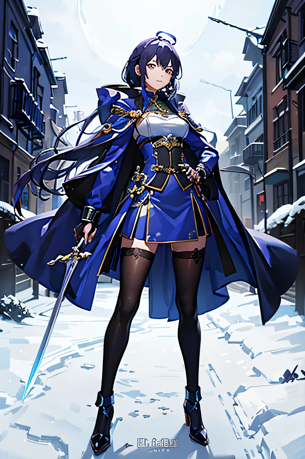 (best quality,4k,highres),blue and purple hair,large chest,coat and cloak,mechanical clothing,holding a mechanical sword,cheerful girl,happy,show more details,full body shot including hands and feet,sword,mechanical style,expose the upper half of the chest,coat with cloak,exposing the mechanical clothing inside