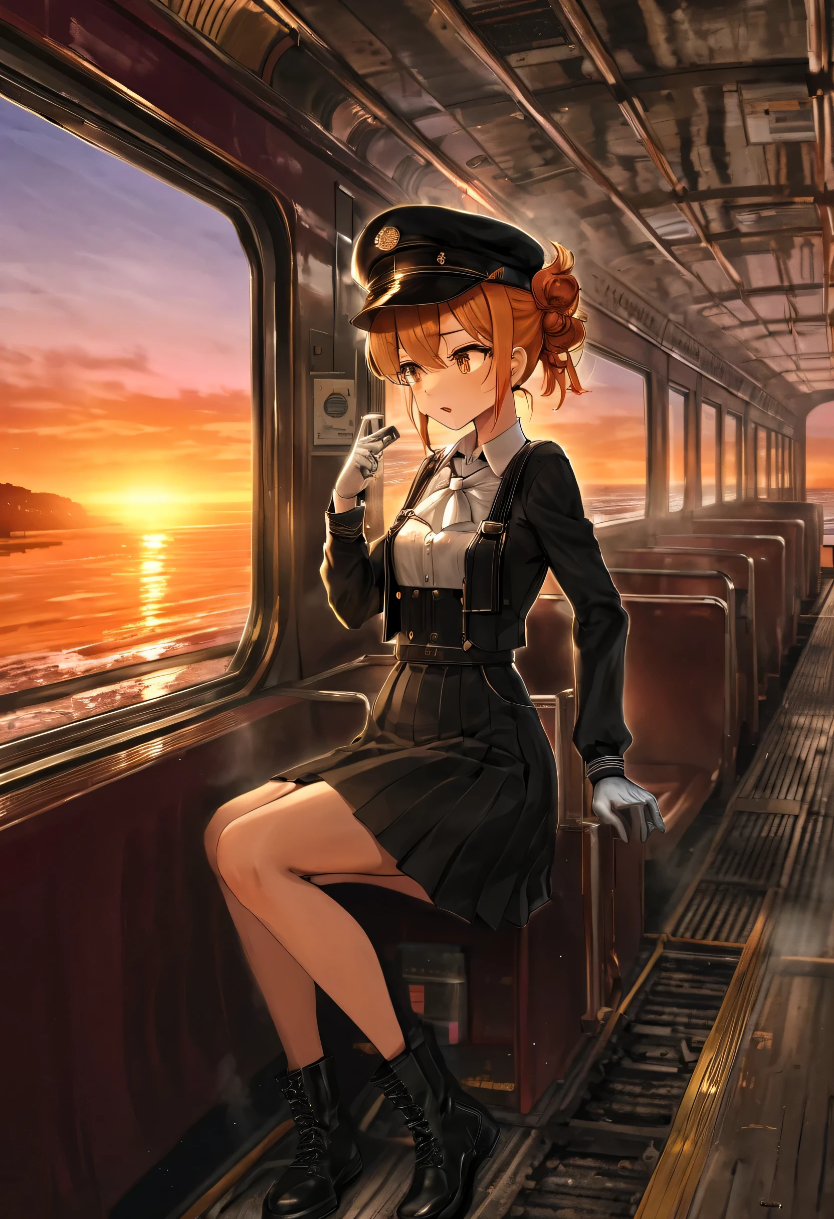 At the seaside during the sunset, a captivating scene unfolds before our eyes. A graceful female engineer is at the controls of a steam locomotive. The HDR effect enhances every detail, making this moment particularly spectacular.

The locomotive's cabin exudes a vintage charm, and the female engineer elegantly manipulates the levers, guiding the train along the tracks by the beach. Her expression is confident, and she is wholly engrossed in her work, feeling the train's vibrations and the sound of the steam.

Through the train's windows, you can see the orange-red radiance of the sunset reflecting on the calm sea, creating a mesmerizing view. This scene combines the autonomy of the female engineer with the vintage allure of the train, presenting a unique and beautiful tableau., 8620Default, armband, black_headwear, black_footwear, knee_boots, black_skirt, cropped_jacket, hair_rings, half_updo, long_sleeves, black_jacket, high-waist_skirt, peaked_cap, suspenders_skirt, white_ascot, white_gloves, open_jacket, hair_stick, ~ side