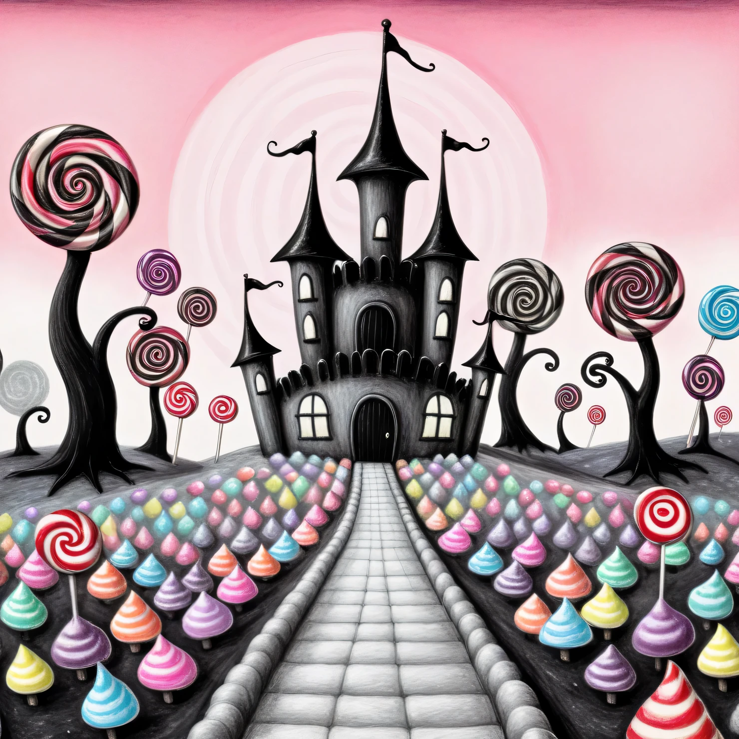 Dark fantasy, Very strange and gloomy Candyland with candy houses, candy intricate Gothic towers and candy trees, candy monsters, technically complex candy country, candy palette, Dark Fantasy, Candy magic, Candycore