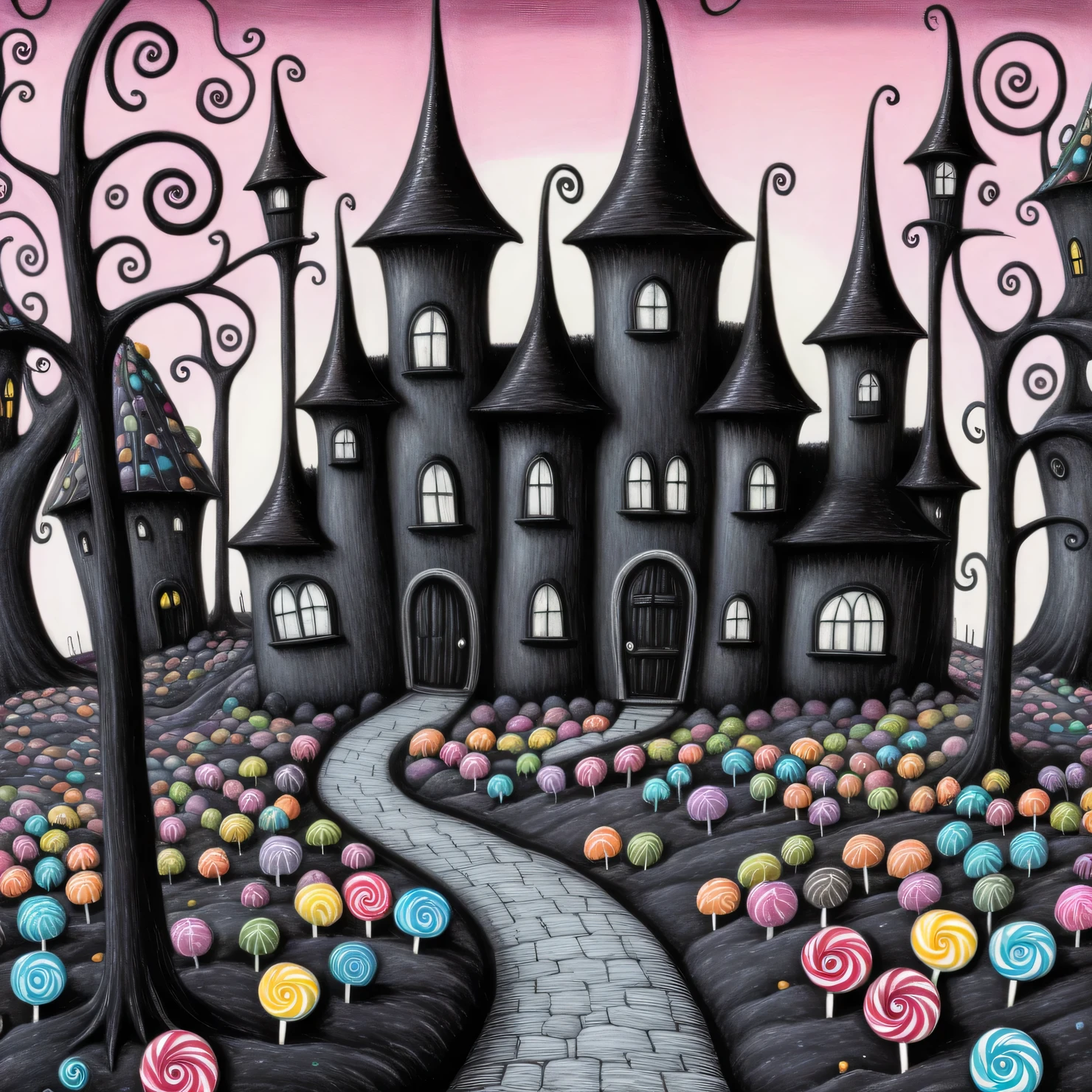 Dark fantasy, Very strange and gloomy Candyland with candy houses, candy intricate Gothic towers and candy trees, candy monsters, technically complex candy country, candy palette, Dark Fantasy, Candy magic, Candycore