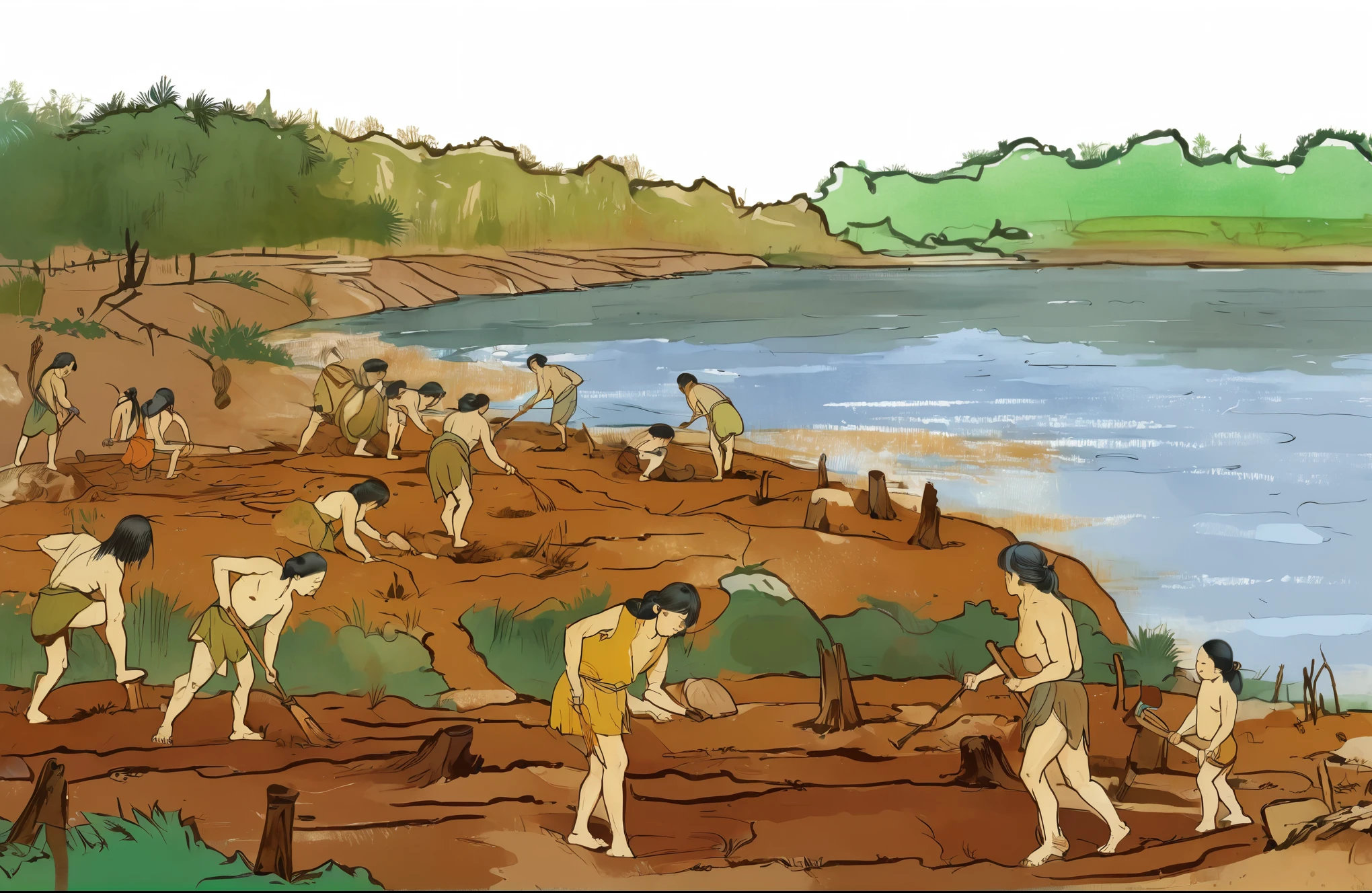 A group of Neanderthals,Illustration of people working in the fields by the river, Digging、sowing,loose soil、Villagers are busy farming,Brazilian Amazon Indians, Korchian, Tribal members,distant forest,forest,land,Many cut down trees,tree stump,Sky,Detailed water pattern,Hu Bo,author:Randolph Caldecott, (watercolor painting, masterpiece, line art, illustration art, Professional line art, Super complex and detailed, Chinese painting,8K:1.3)