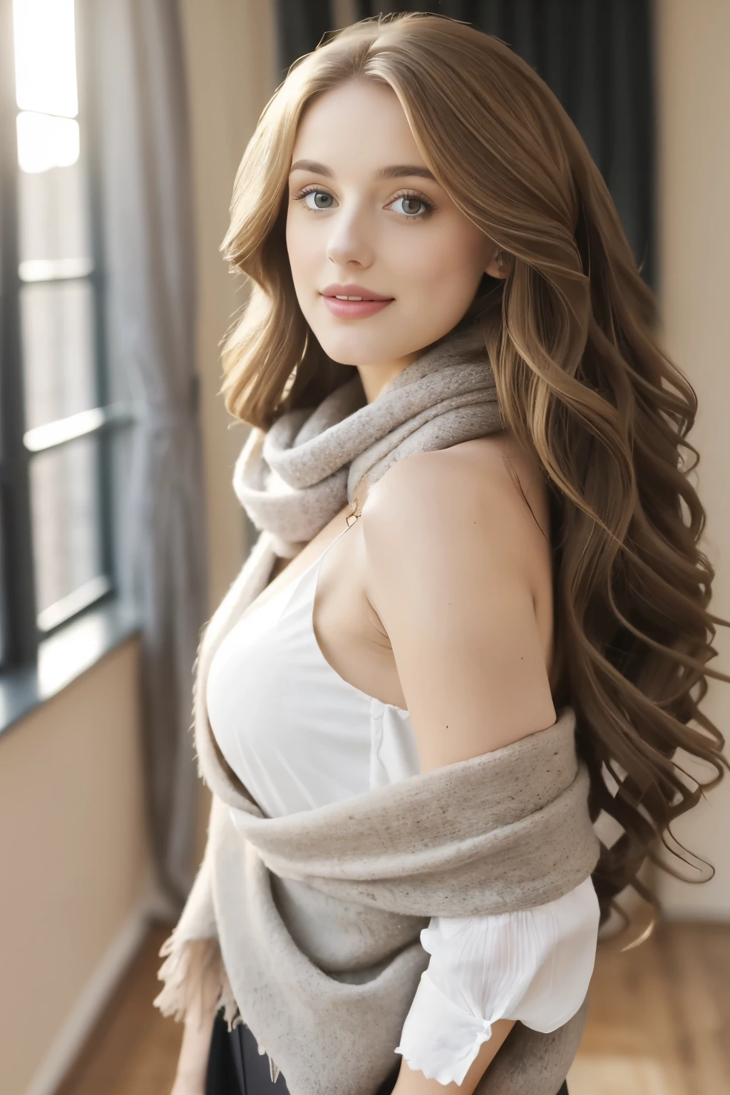 (8K, best quality, masterpiece), A young woman with a captivating presence, (age: 25, Solo), Long curly hair cascading down her shoulders, Brown eyes full of depth, Demure chest with a tiny waist, Small but perky breasts, (alluringly peeks at the Viewer), Blonde highlights framing her face, Full body radiating womanly charm, Wearing a white blouse with a taupe scarf knotted elegantly off her shoulders, Shot in a studio with soft light, highlighting every intricate detail, High definition cinematic lighting, Rim lighting adding depth and dimension, (Womancore, seductive pose