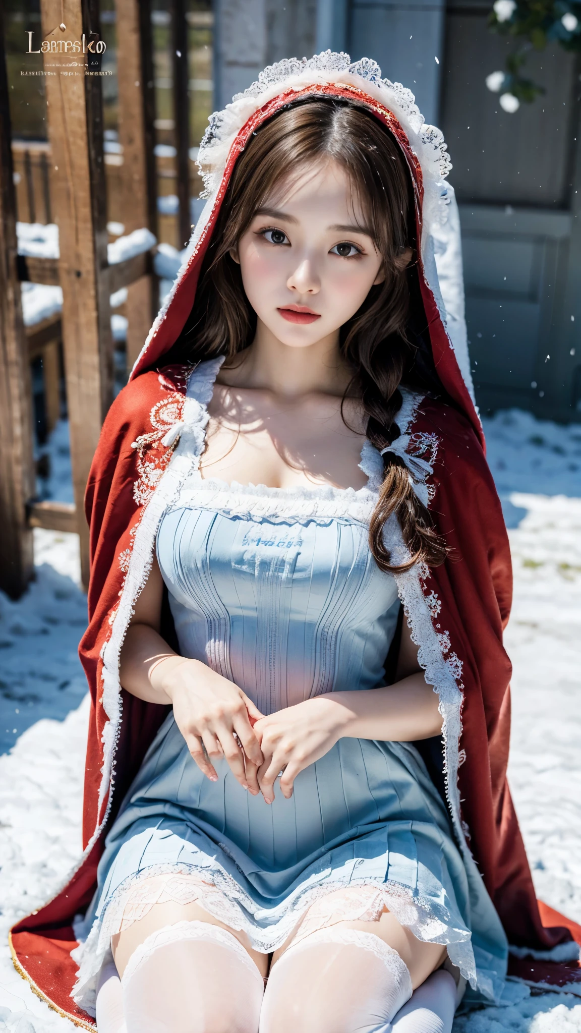 (8K, RAW photos, best qualtiy, tmasterpiece:1.2),(realisticlying, photograph realistic:1.4)
Lolita costume,Lace, Aerith Gainsborough, sat on the ground,(Cloak,do lado de fora,Cover with snow,snowfield) high high quality, highdetailskin, looking at viewert,