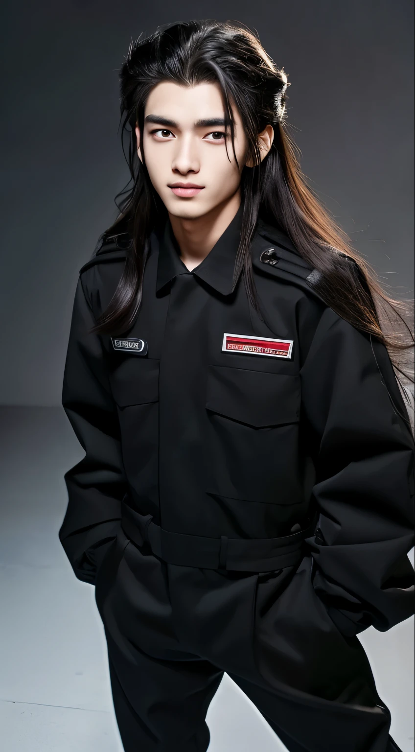 A man with long wavy hair and a black uniform,18 years old, eyebrows,long slit eyes, double teeth, full body, Wearing a black special attack suit,photograph,highest quality,8K