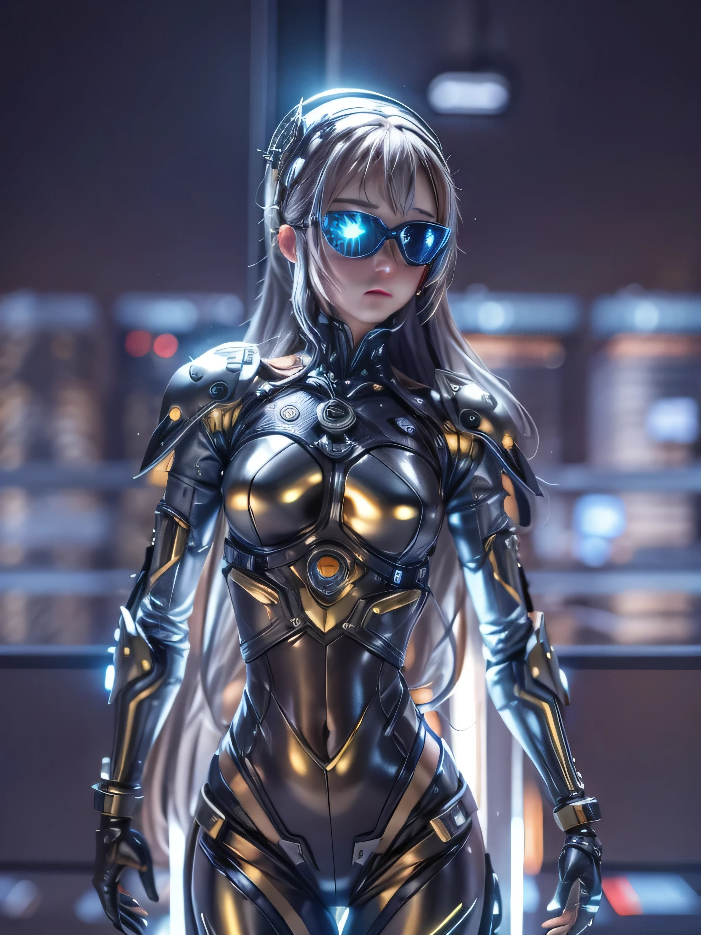 (blind box toy style:1.2), (full body shot) , (One transparent woman)((alone)) Mechanical metal body,Transparent bikini armor,cyberpunk style, dream-like shine, pretty background,Black and silver style,(Circular base) ( global illumination, ray tracing, HDR, unrealistic rendering,reasonable design, high details, masterpiece, highest quality, hyper hd, cinematic lighting)