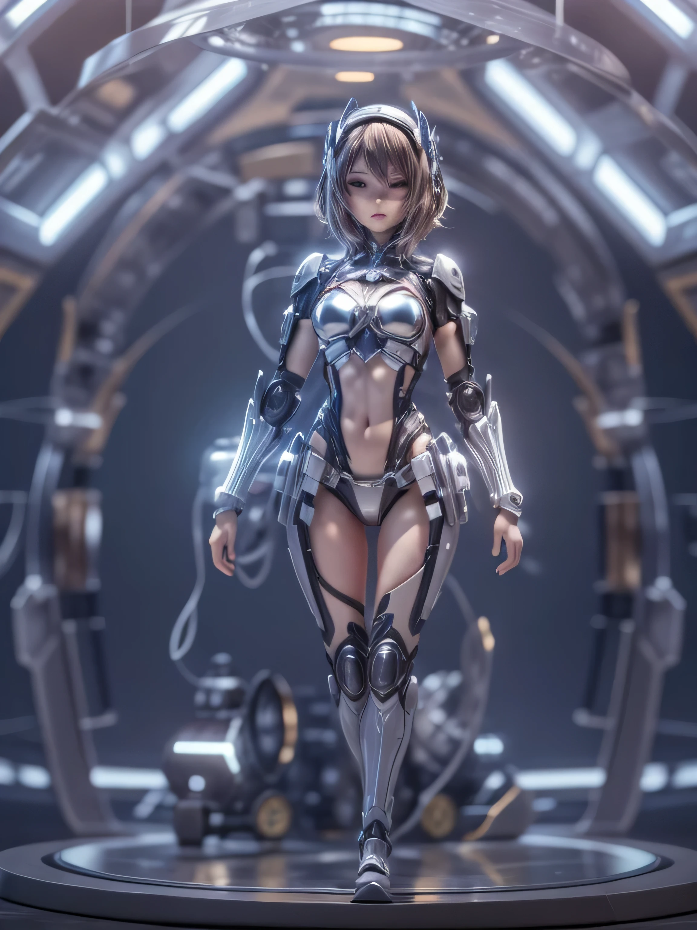 (blind box toy style:1.2), (full body shot) , (One transparent woman)((alone)) Mechanical metal body,Transparent bikini armor,cyberpunk style, dream-like shine, pretty background,Black and silver style,(Circular base) ( global illumination, ray tracing, HDR, unrealistic rendering,reasonable design, high details, masterpiece, highest quality, hyper hd, cinematic lighting)