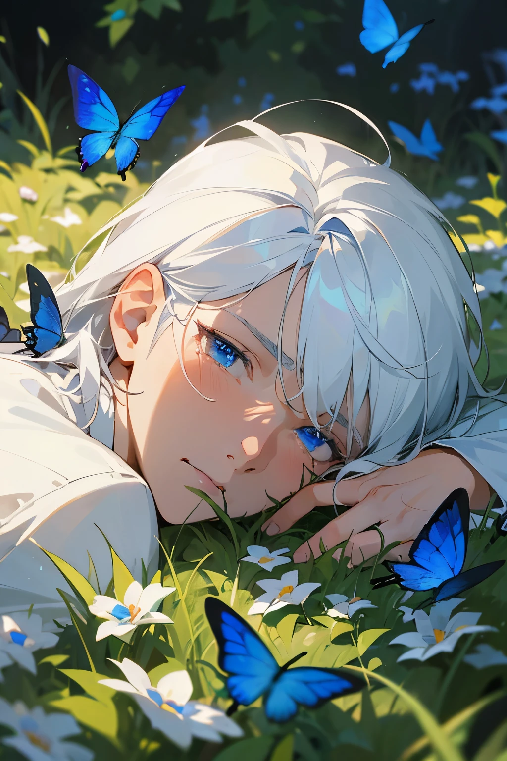Excellent, masterpiece, white hair, blue eyes, hair, fair skin, man face with sharp angles in the garden park male bust shot lying on his side on the park grass with tears on his face a blue butterfly on his nose, clear despair in his eyes