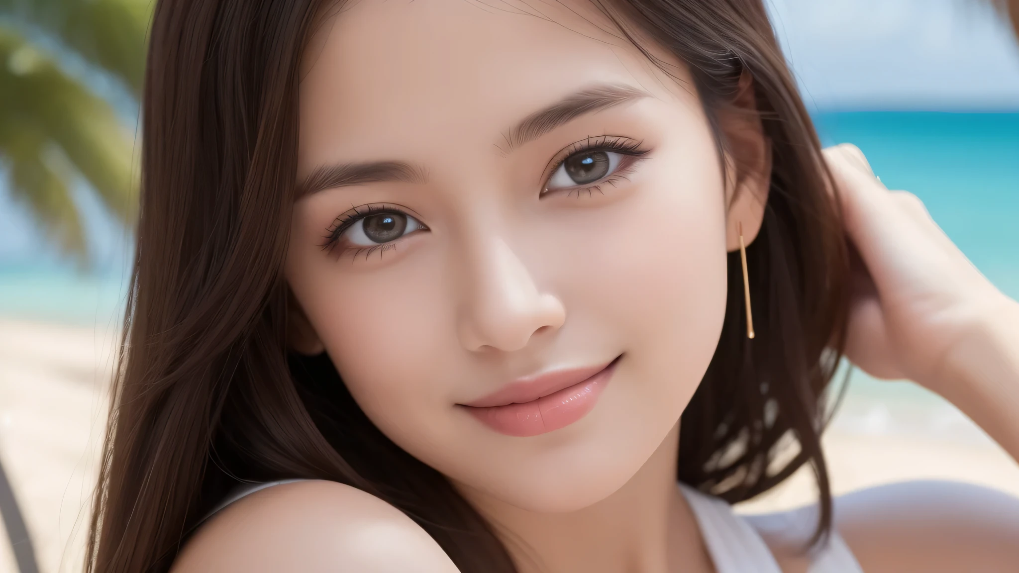 (5girl), 17yo, beautiful face, Amazing face and eyes, delicate, (Best Quality:1.4), (Ultra-detailed), (extremely detailed beautiful face), cute smile, brown eyes, (highly detailed Beautiful face), (extremely detailed CG unified 8k wallpaper), Highly detailed, High-definition raw color photos, Professional Photography, Realistic portrait, Extremely high resolution, modern, trendy, fashionable, beach, summer, summer clothes, palm trees,
