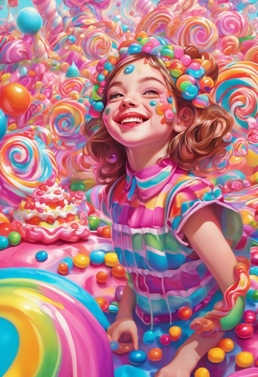 1girl, Candyland, aesthetic, vibrant colors Candyland wonderland gouache swirls detailed Candy art style! Whimsical playful colorful! candy!!! 🍬🍭 Candyland art!! “Hyperrealistic hyperdetailed highly detailed, digital illustration” postmodernism, artstation, poster art, dynamic lighting, cel-shaded, ray tracing reflections