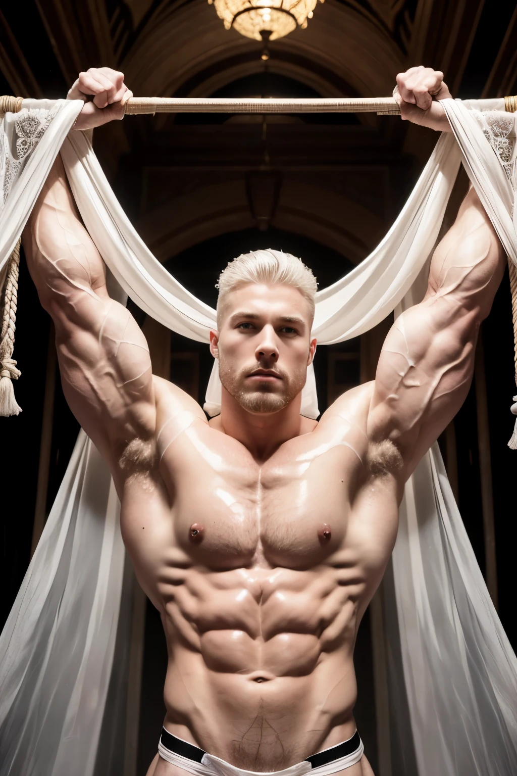 1male white people,((muscular))，((being muscular))，Muscular, Palatial palace，cage,strappy,White rope,White cloth curtains,(Detail light),Tattooed with，Transparent tulle，white albino skin，oily wet skin，Full nudity on the back，Lateral face，Falling white petals