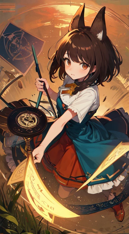 19 year old female ,Brown medium length hair, brown eyes, Thin, Big , Animal ears, alice costume, Staff, Magician,magic circle, Make it like tarot anime style but without the frame, innocent eyes ,Small animals, life, grassland, vitality