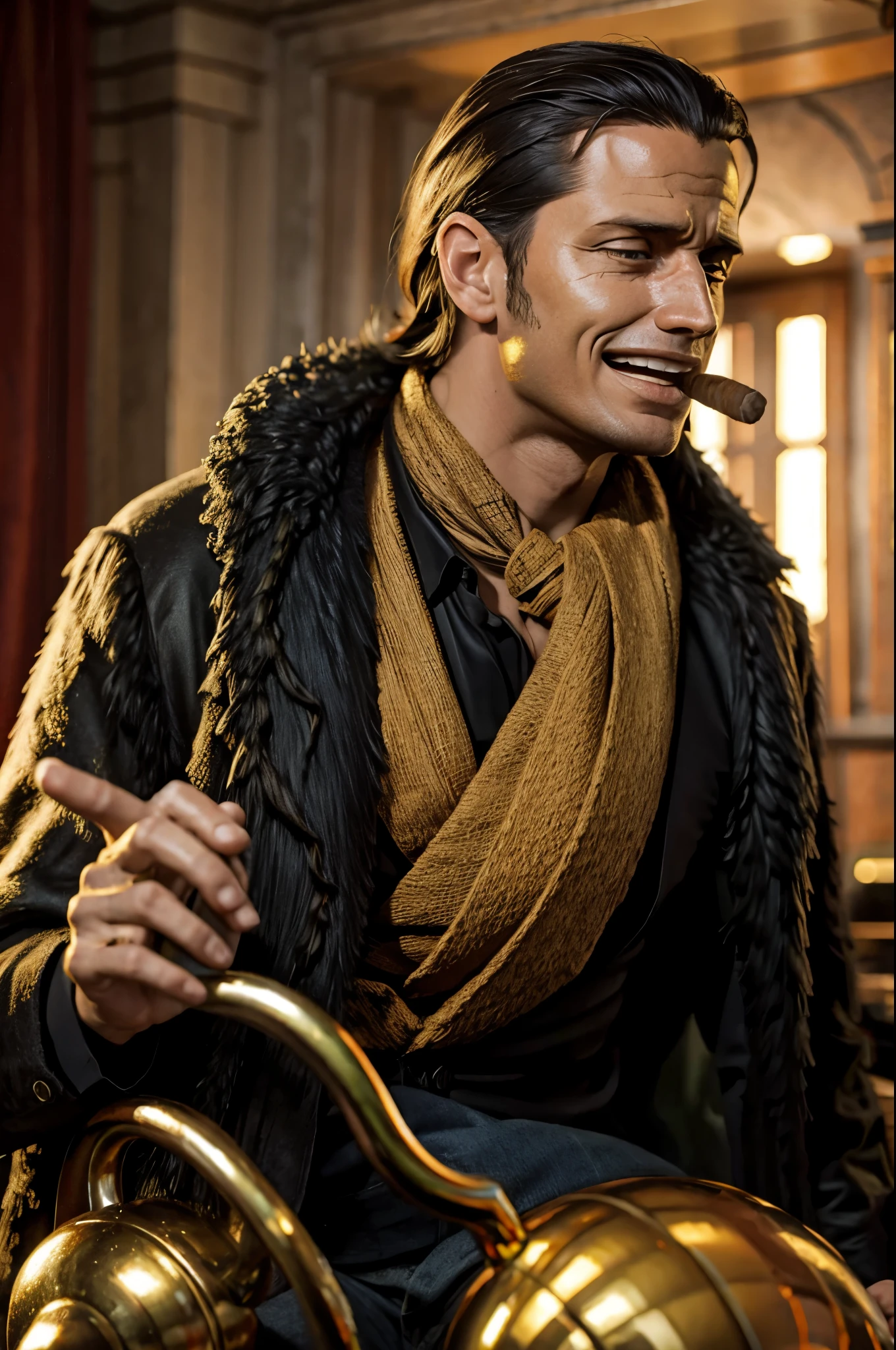 masterpiece, best quality, extremely detailed, hyperrealistic, photorealistic, a cool 40s man, ultra detailed face:1.2, fur-trimmed coat, scarf around the neck, his left hand is a golden pirate hook:1.1, cigar, living room, in the morning, laughing