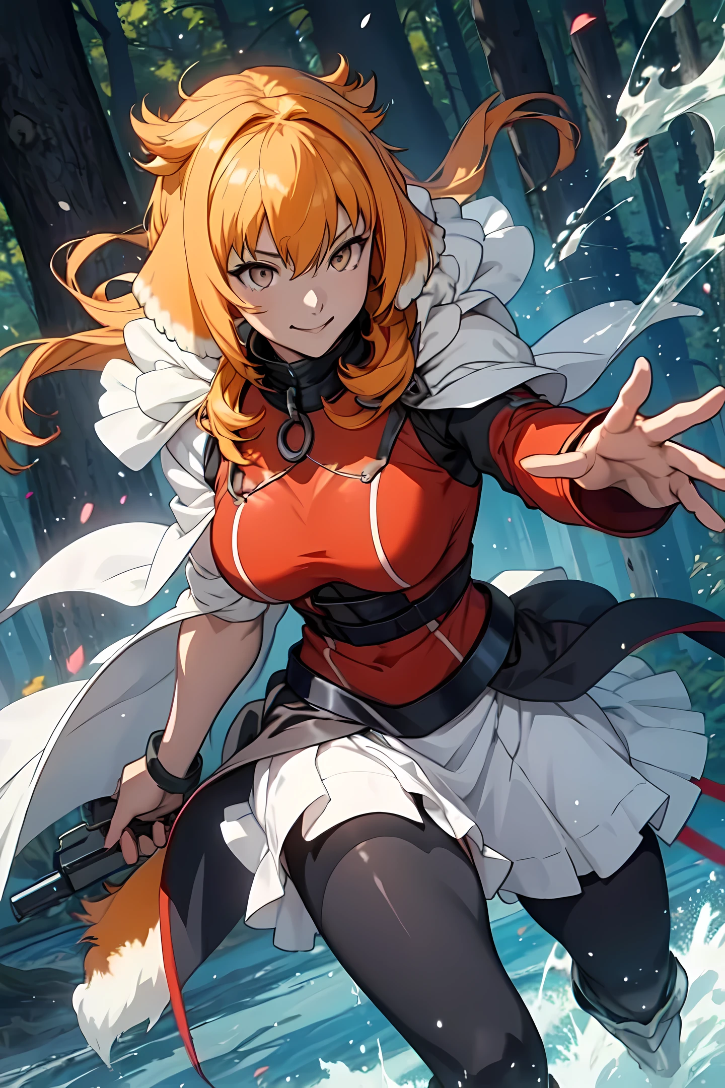 Anime, roxanne, dog ears, (dog tail), flying through the sky, golden leotard armor, In Battle, Chaos, shooting laser beams from hands, masterpiece ,pantyhose, boots,magicalgirl body suit, large skirt, smile, long skirt,standing, forest,smile, gold eyes