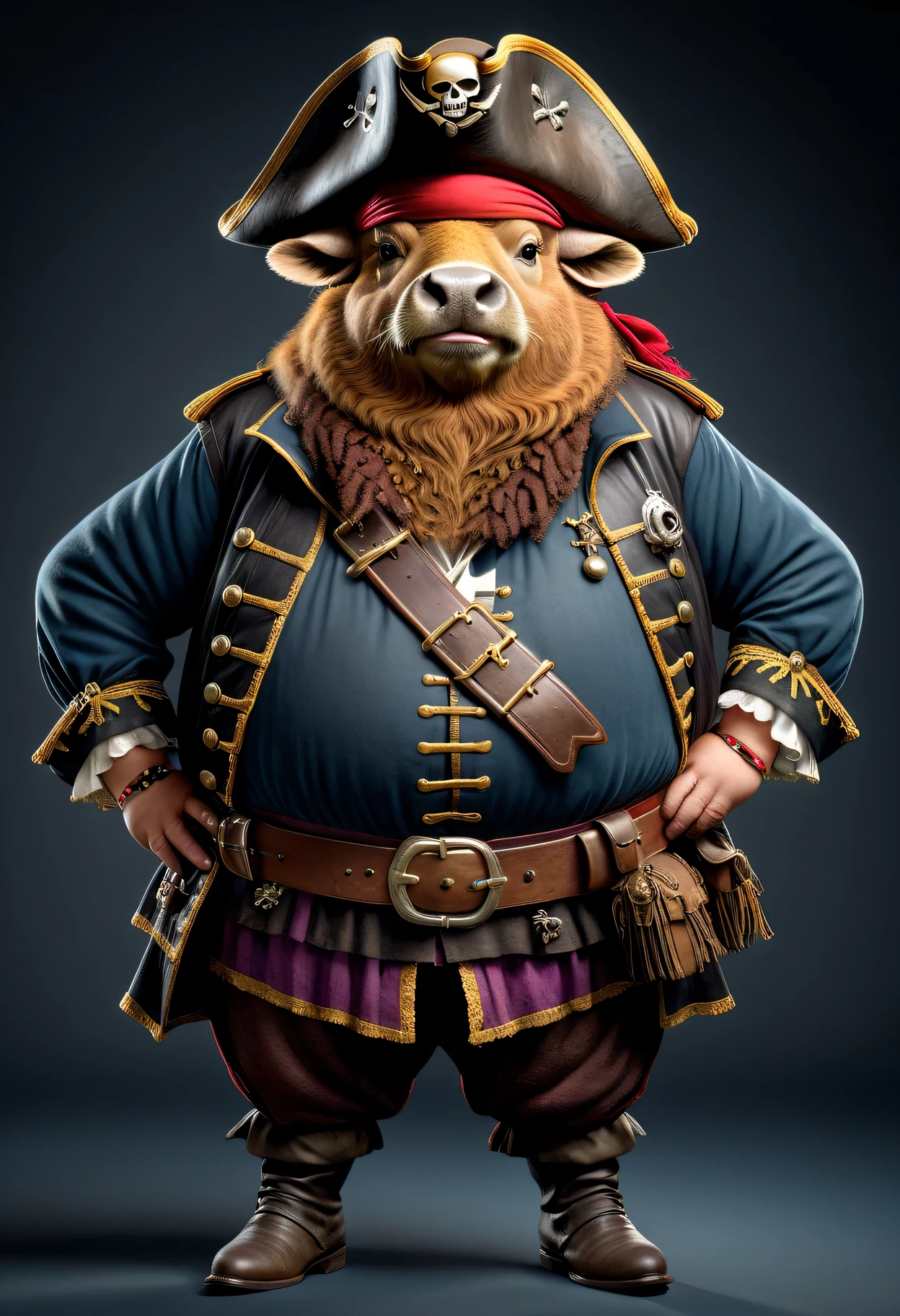photorealistic portrait of Dressed animals - a ((fat)) buffalo pirate,(hands on hips:1.2),(), high quality,(lovely) ,intricate details, highly detailed (( pirate costume)), wearing pirate cap , highly detailed pirate equipment , (happy), studio lighting,(),(simple background)