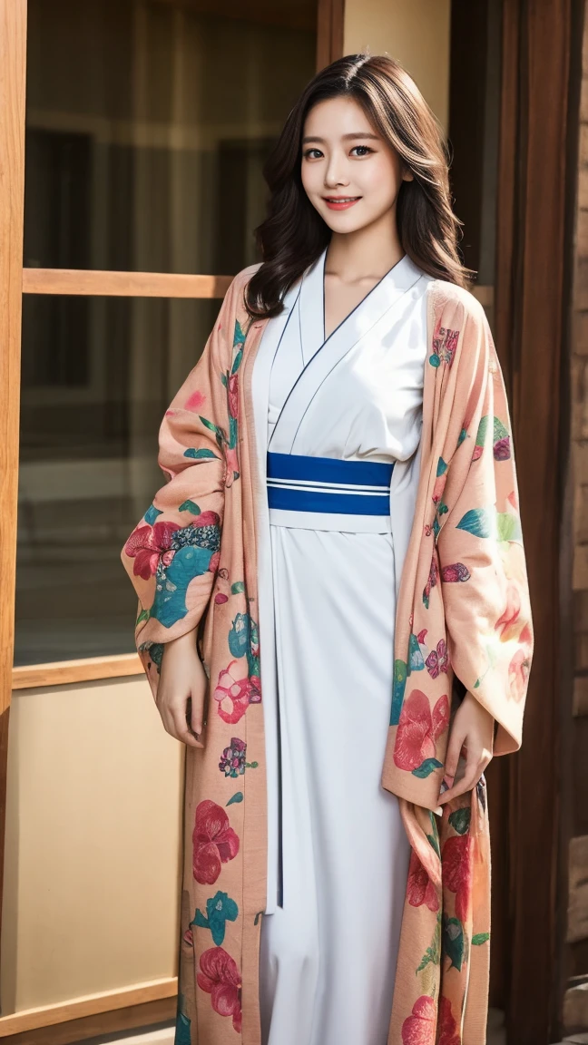 Temple、Colorful kimono、open chest、I&#39;m not wearing anything inside、full body shot、NiziUAYAKA、 ４Ｋ、１people&#39;s women、slender、 Loose wavy styling 、seductive and attractive、Including face and skin texture.，detailed eyes、A soothing expression with a smile