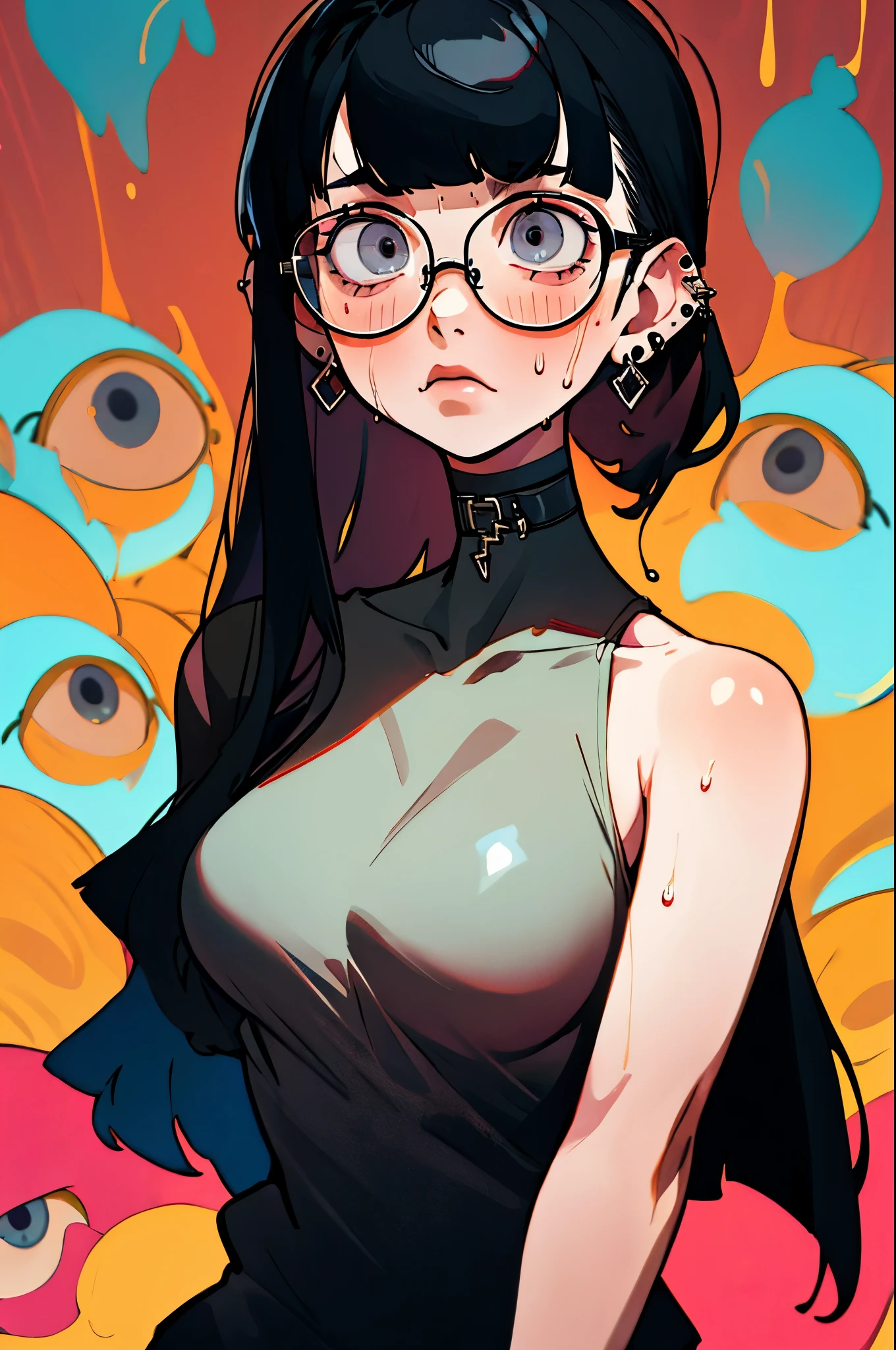 (masterpiece), best quality, expressive eyes, highres, anatomically correct, 1girl, perfect face, perfect hands, female, pale, glasses, straight hair, blunt bangs, black hair, very long straight hair,  grey eyes, glasses, weak, tired, large breasts, graphic t-shirt, gothic, emo, goth, exposed left shoulder, piercings, ear piercings, lip piercings, fatigue, eye-bags, sore, blank eyes, expressionless, weak, crazy face, crazy eyes, swept bangs, choker, standing, freaked out, shocked, nervous, stressed, sweating, black hair, grey eyes, wet shirt, black hoodie,