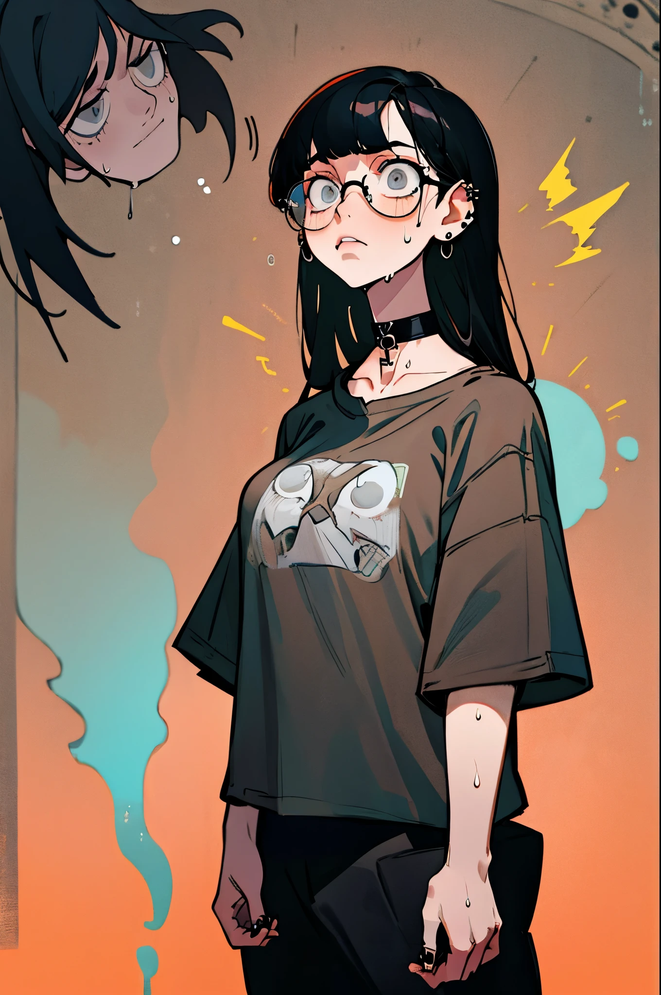 realism,beautiful lighting,(((1girl))),((black hair, sideswept hair bang,long hair)),pale skin ,glasses, hoodie tshirt, blue jeans, massive fart, yellow smoke rising, blush, clenching teeth, leaning on wall, blowing hand, store, TEXT:PHHHRRRRAAAP!!